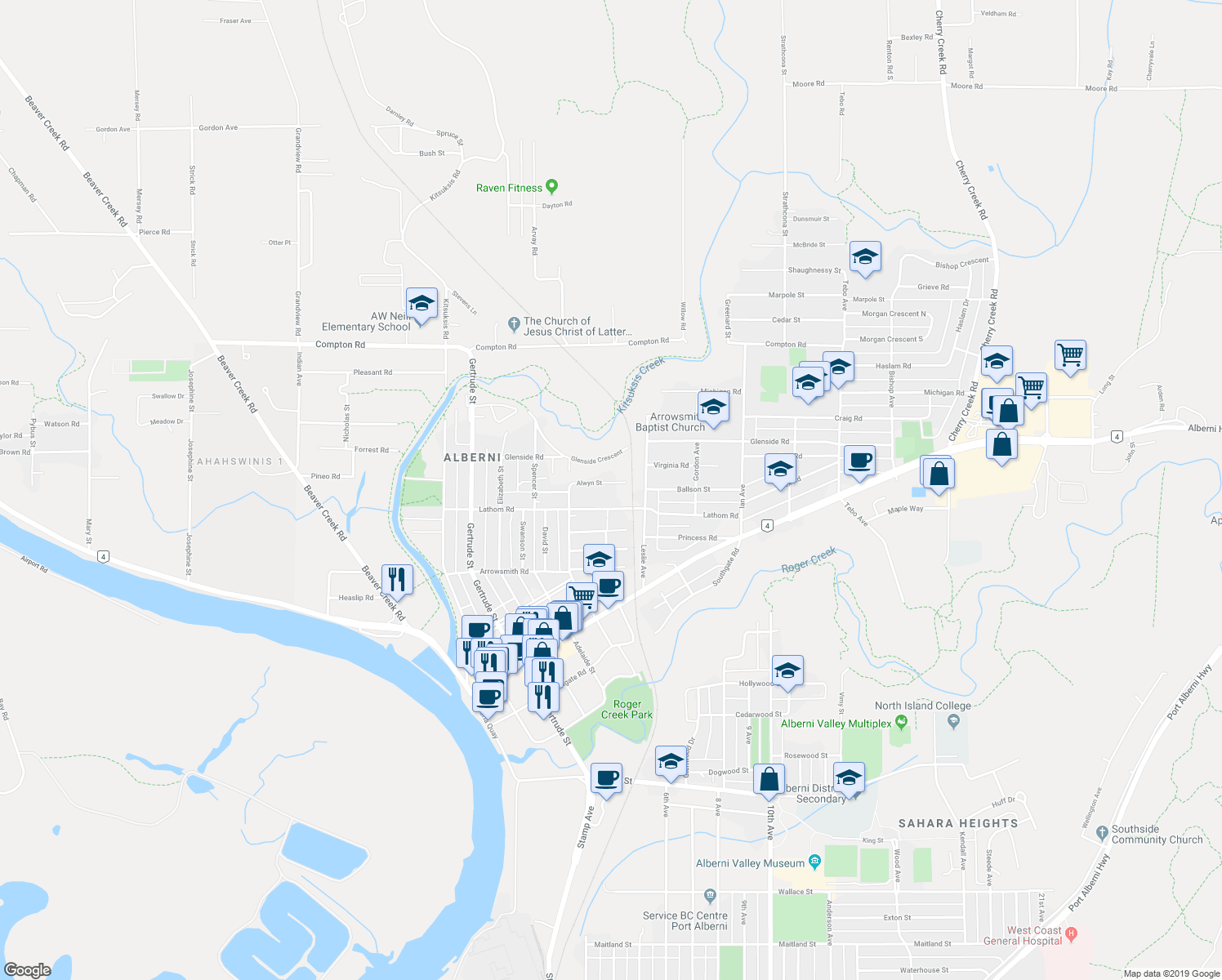 map of restaurants, bars, coffee shops, grocery stores, and more near 4480 Alwyn Street in Port Alberni