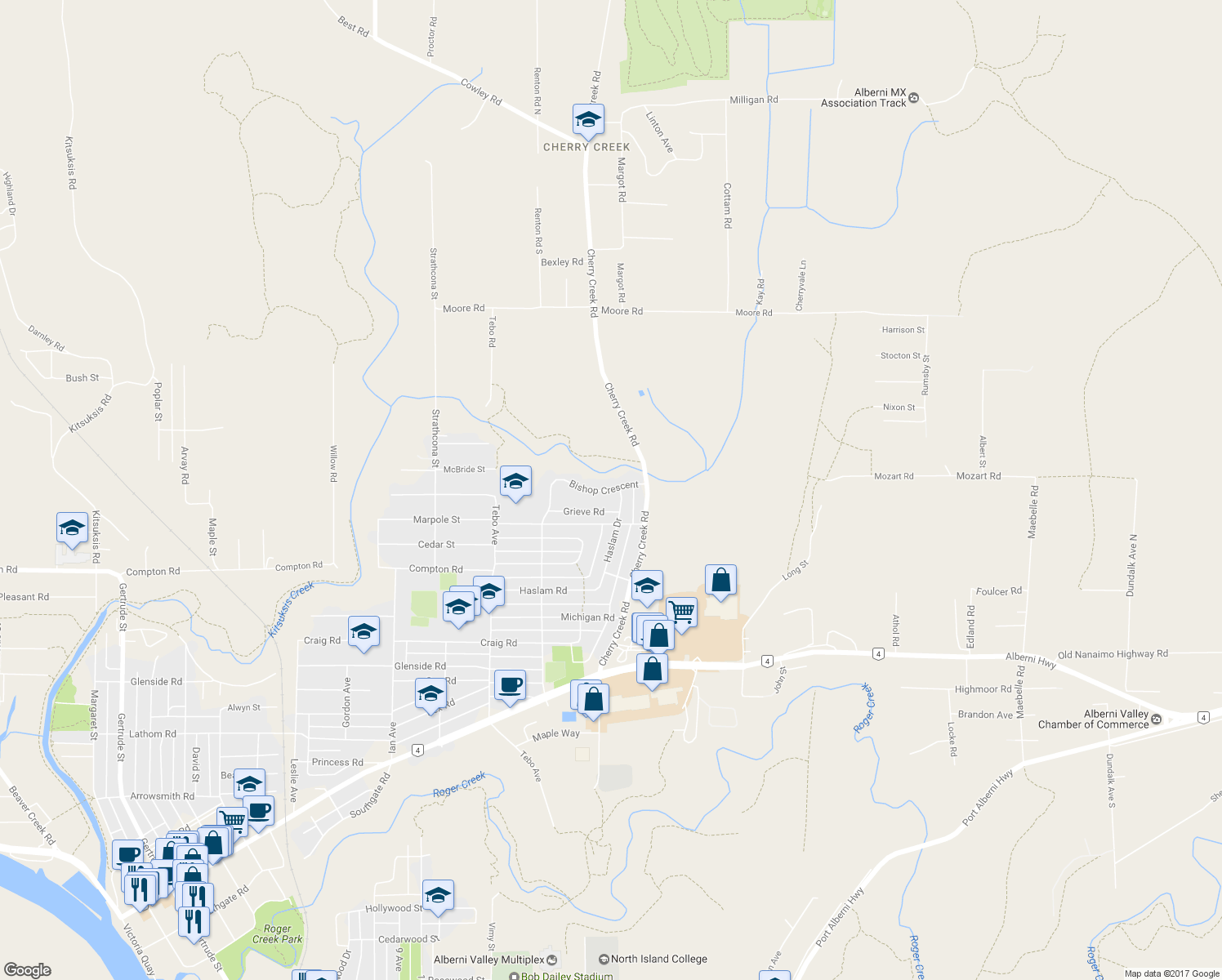 map of restaurants, bars, coffee shops, grocery stores, and more near 3626 Bishop Crescent in Port Alberni