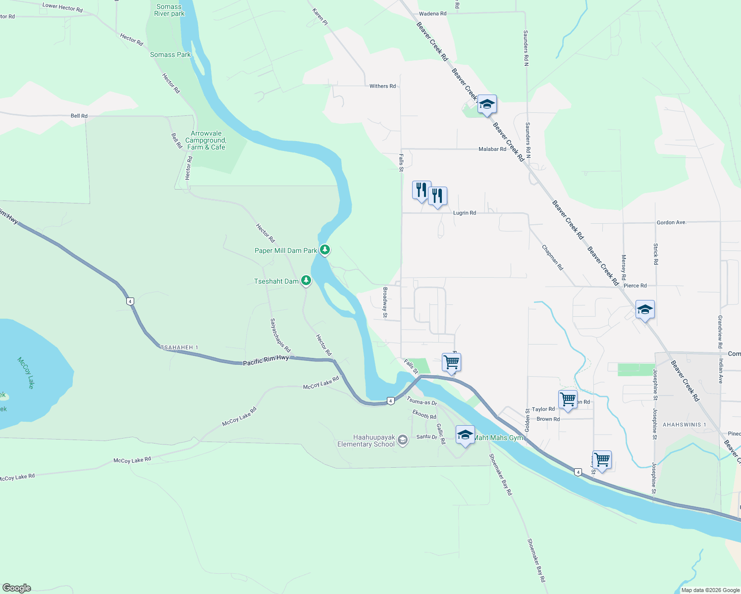 map of restaurants, bars, coffee shops, grocery stores, and more near 5543 Park Place in Port Alberni