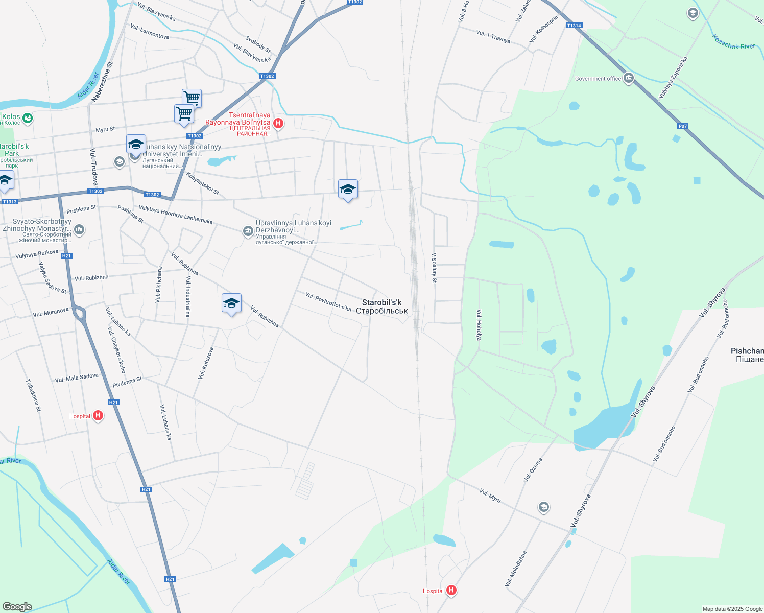 map of restaurants, bars, coffee shops, grocery stores, and more near in Starobil's'k