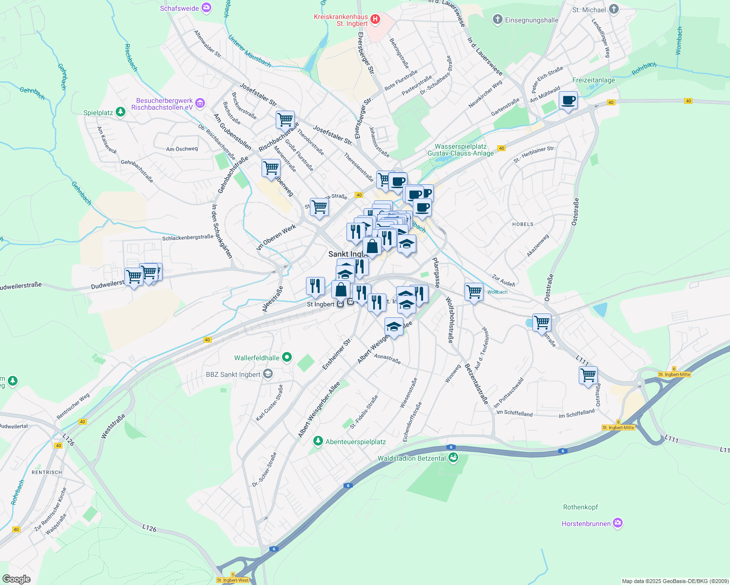 map of restaurants, bars, coffee shops, grocery stores, and more near 10 Neue Bahnhofstraße in Sankt Ingbert