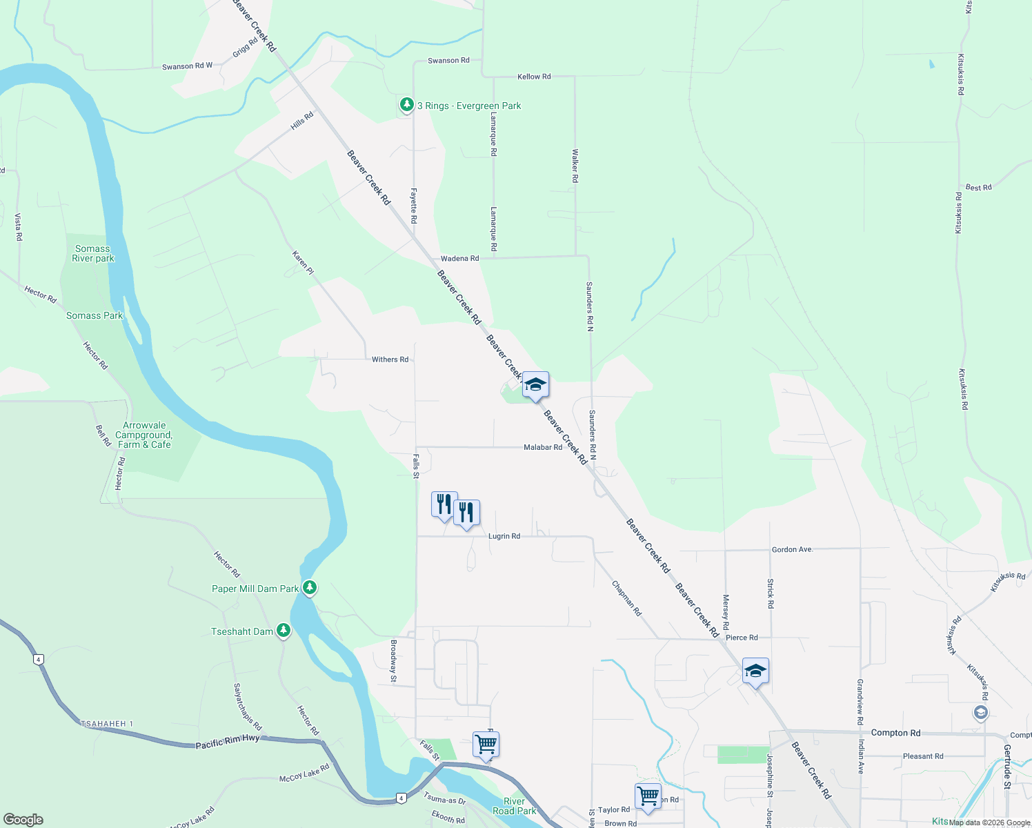 map of restaurants, bars, coffee shops, grocery stores, and more near 6038 Kirkpatrick Road in Port Alberni