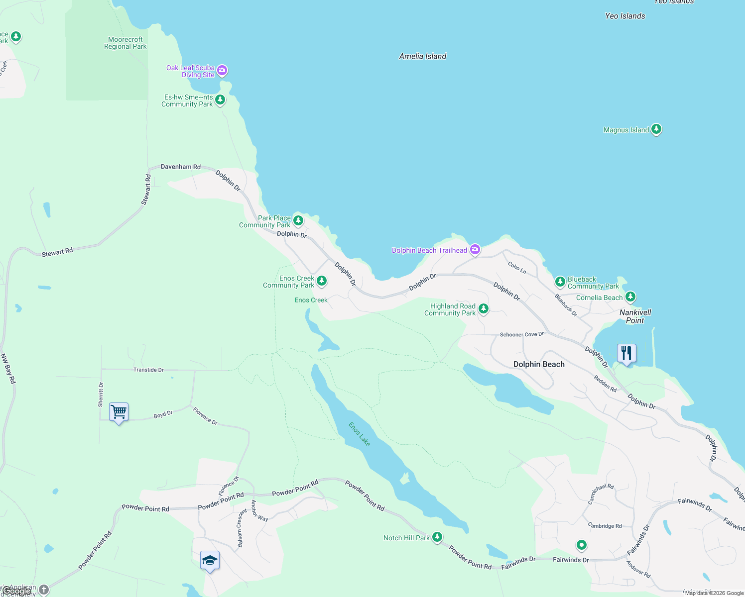 map of restaurants, bars, coffee shops, grocery stores, and more near 3122 Dolphin Drive in Nanoose Bay