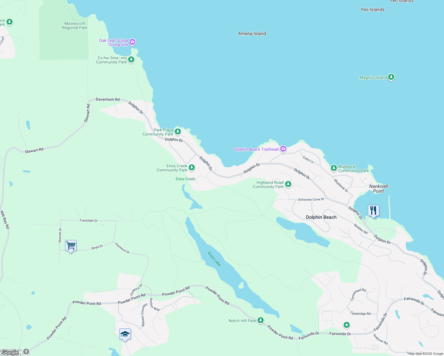 map of restaurants, bars, coffee shops, grocery stores, and more near 3122 Dolphin Drive in Nanoose Bay