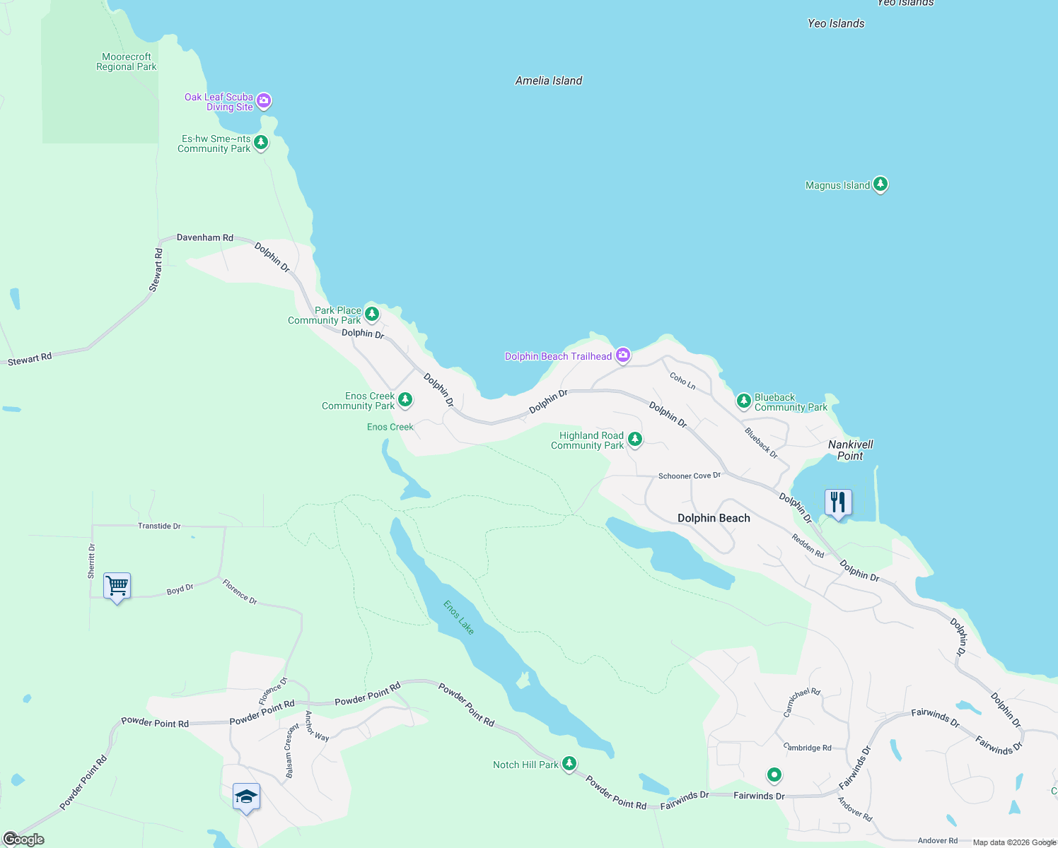 map of restaurants, bars, coffee shops, grocery stores, and more near 3182 Dolphin Drive in Nanaimo E