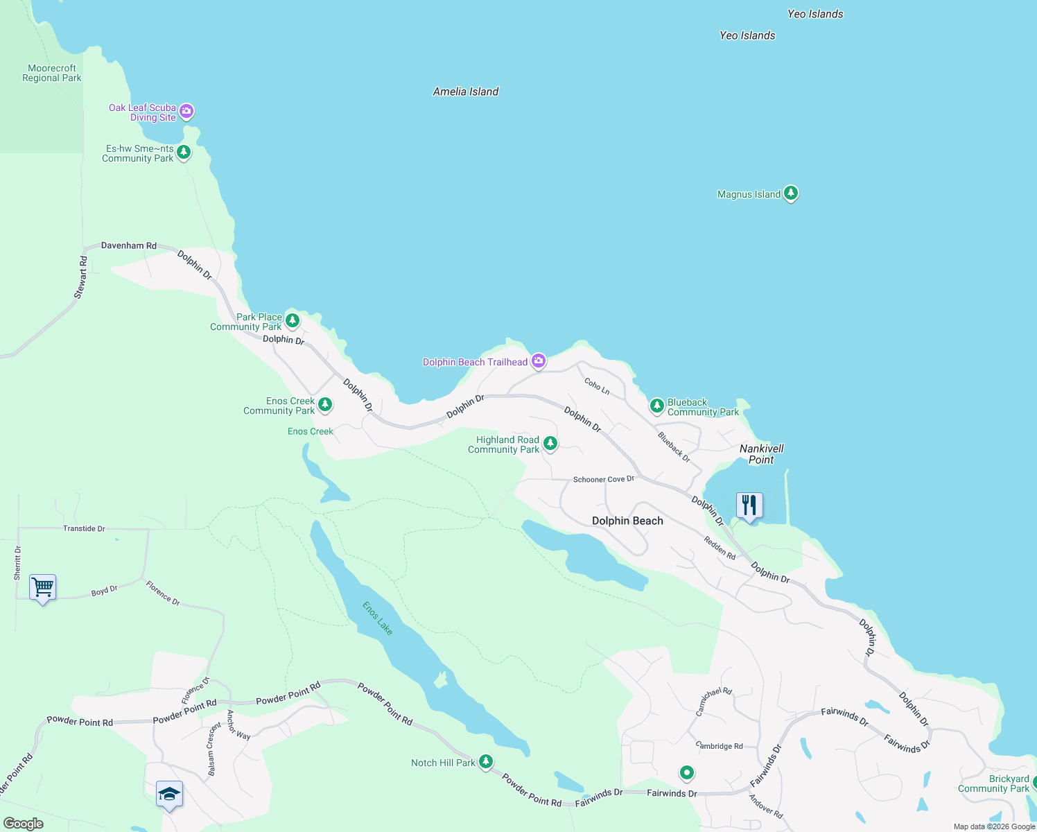 map of restaurants, bars, coffee shops, grocery stores, and more near 3265 Highland Road in Nanoose Bay