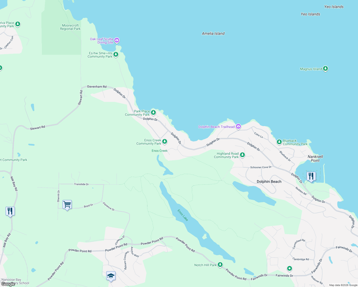 map of restaurants, bars, coffee shops, grocery stores, and more near 3104 Dolphin Drive in Nanoose Bay