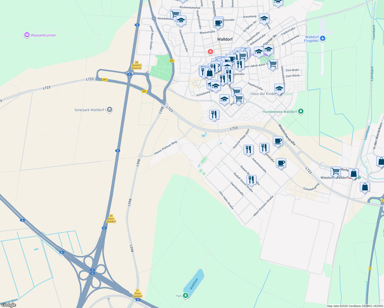map of restaurants, bars, coffee shops, grocery stores, and more near 7 Hasso-Plattner-Ring in Walldorf