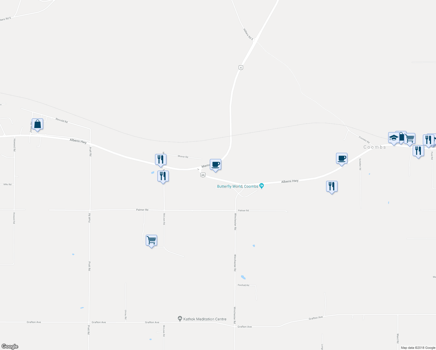 map of restaurants, bars, coffee shops, grocery stores, and more near 2701 Alberni Highway in Coombs