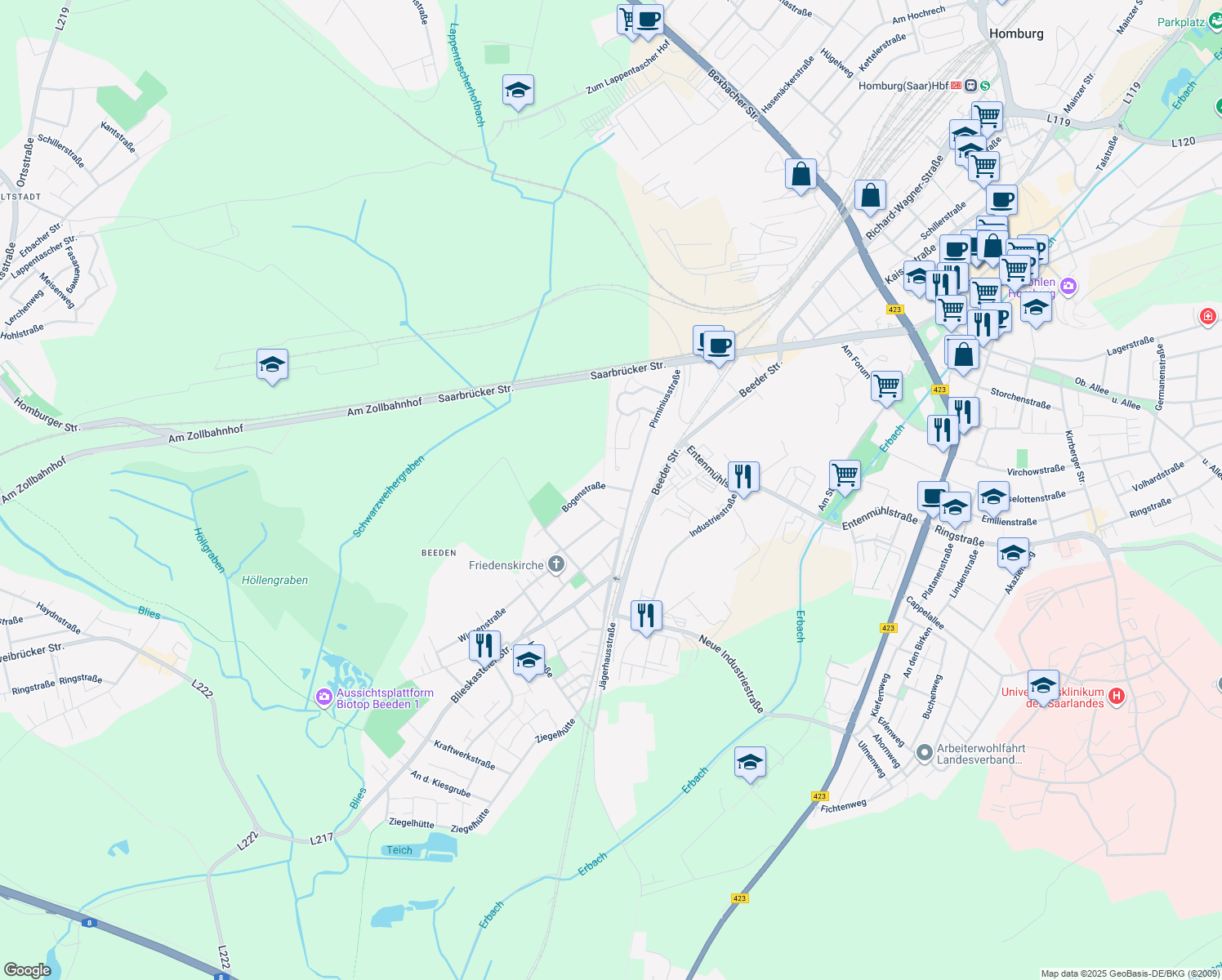 map of restaurants, bars, coffee shops, grocery stores, and more near 1 Bogenstraße in Homburg