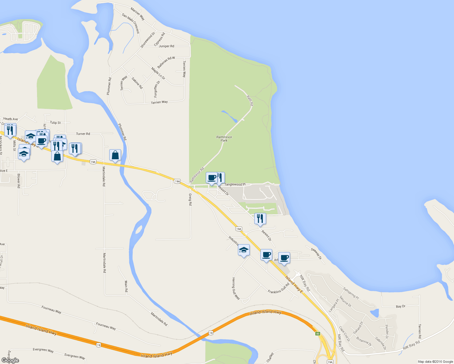 map of restaurants, bars, coffee shops, grocery stores, and more near 1053-1061 Resort Drive in Parksville