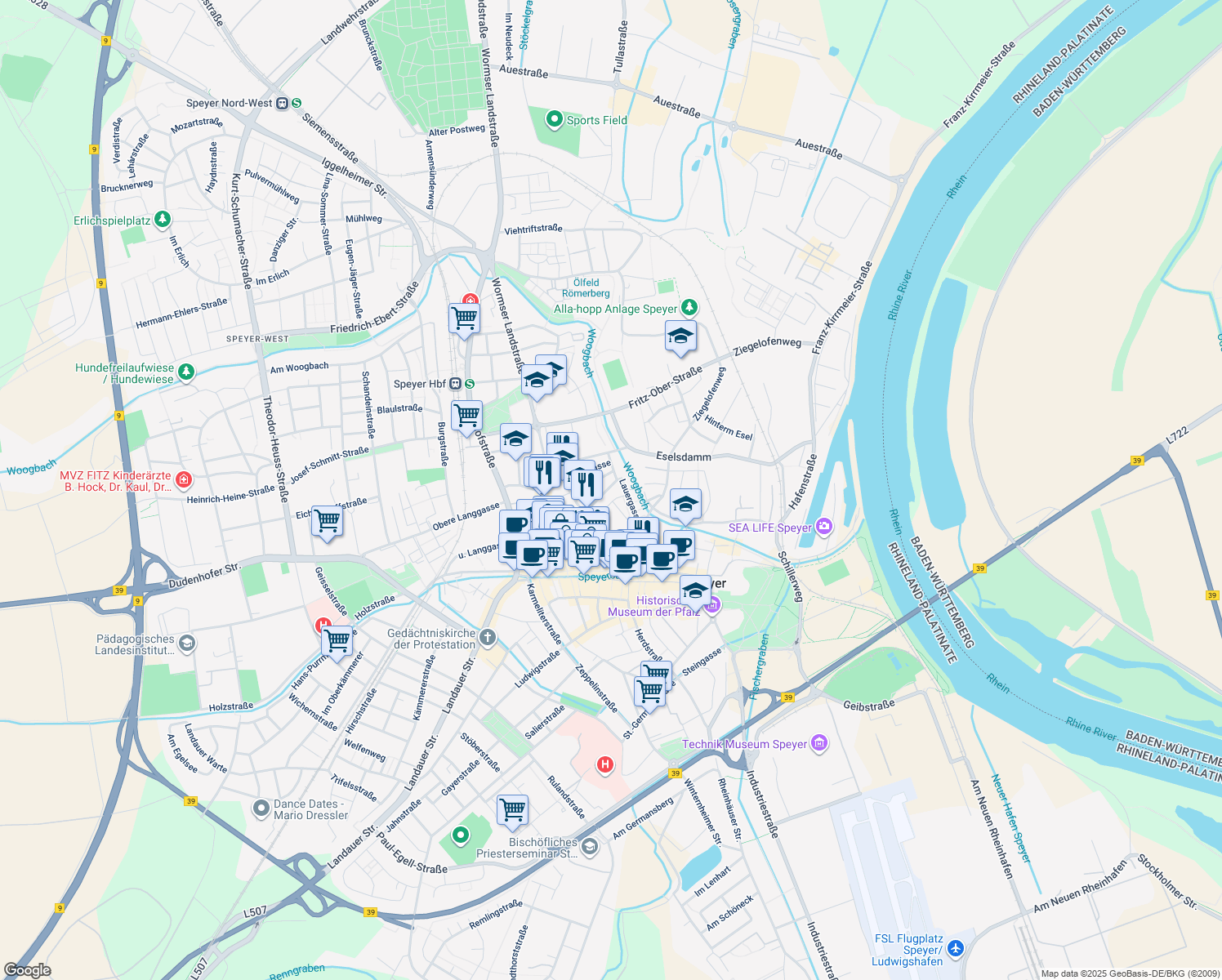map of restaurants, bars, coffee shops, grocery stores, and more near in Speyer