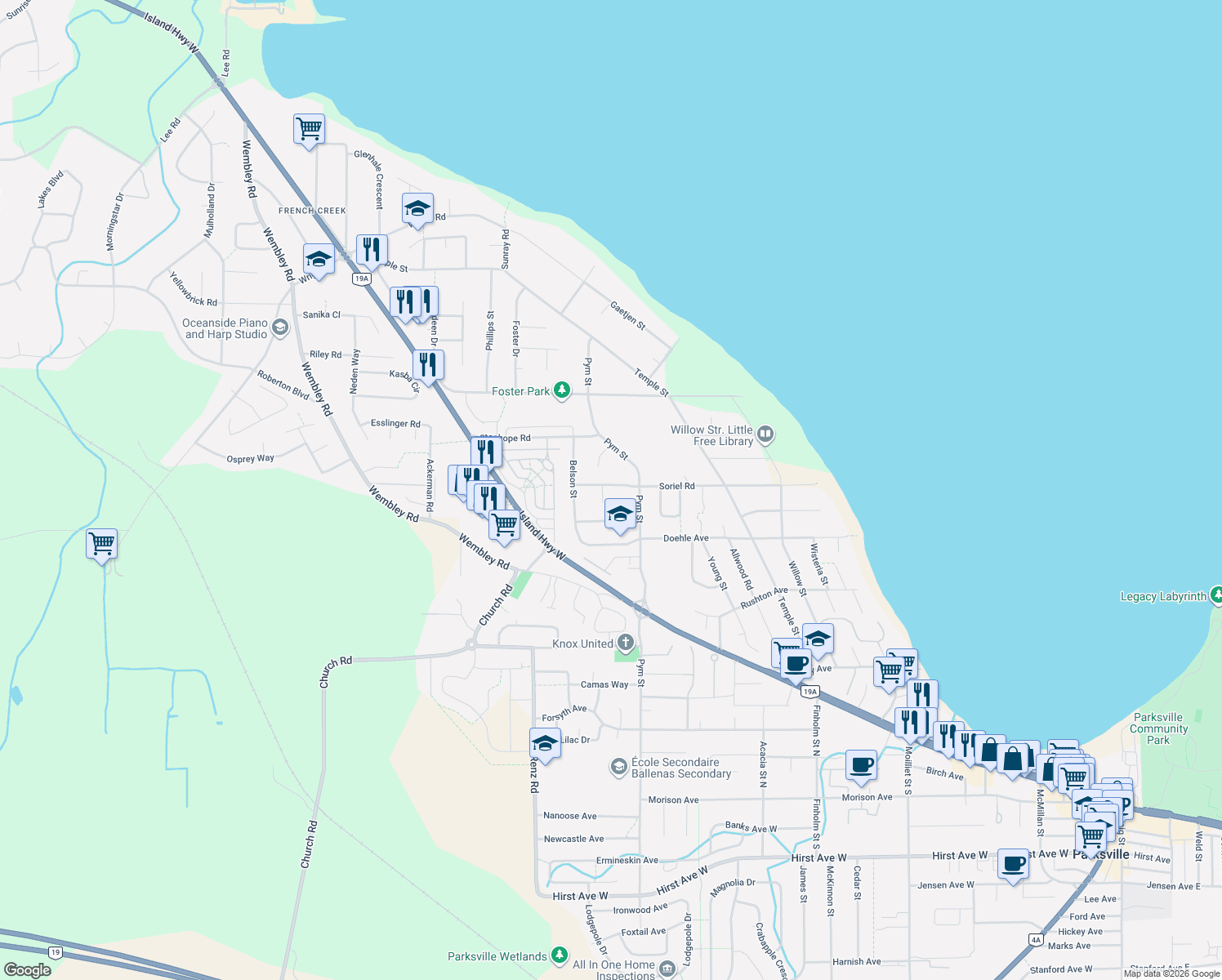 map of restaurants, bars, coffee shops, grocery stores, and more near 738 Soriel Road in Parksville