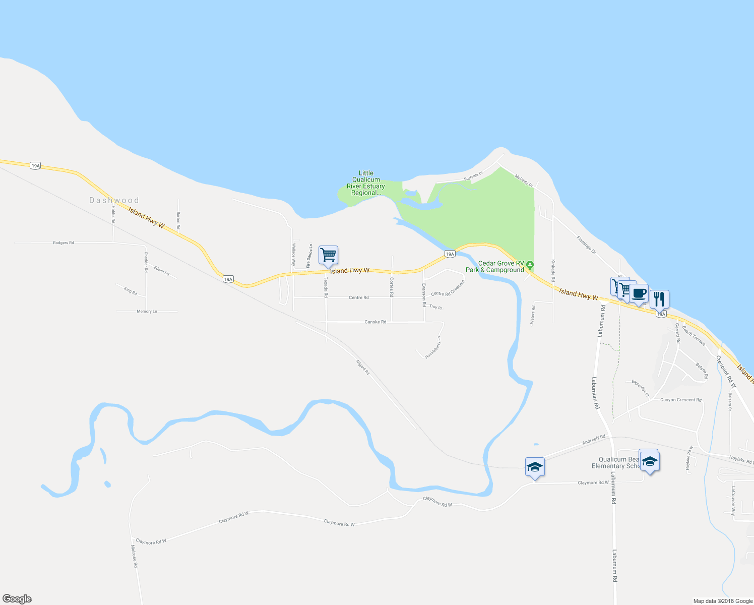 map of restaurants, bars, coffee shops, grocery stores, and more near 1178 Centre Road in Qualicum Beach