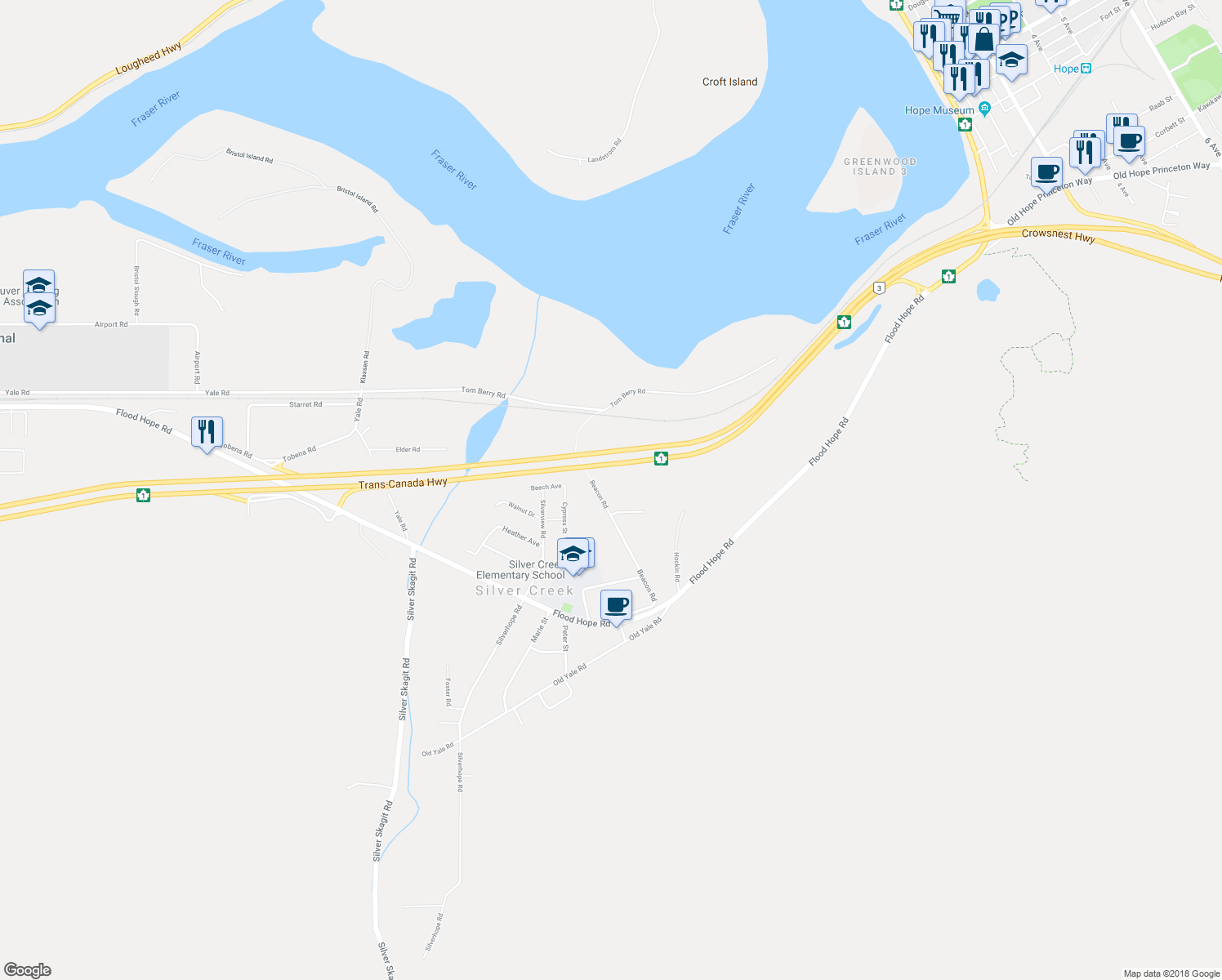 map of restaurants, bars, coffee shops, grocery stores, and more near Trans-Canada Highway in Hope