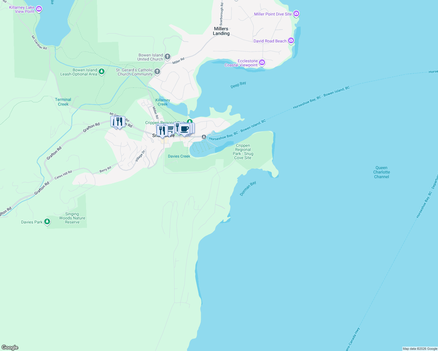 map of restaurants, bars, coffee shops, grocery stores, and more near 998 Hummingbird Lane in Bowen Island