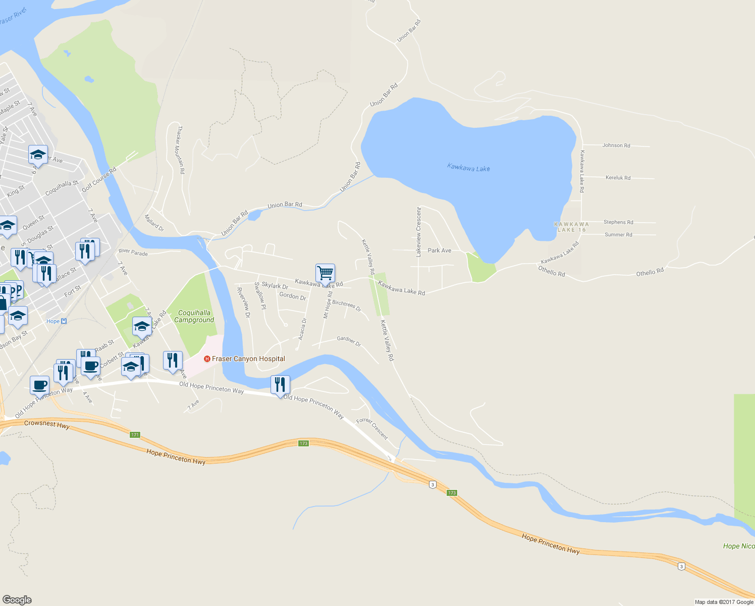 map of restaurants, bars, coffee shops, grocery stores, and more near 21035 Kettle Valley Road in Hope