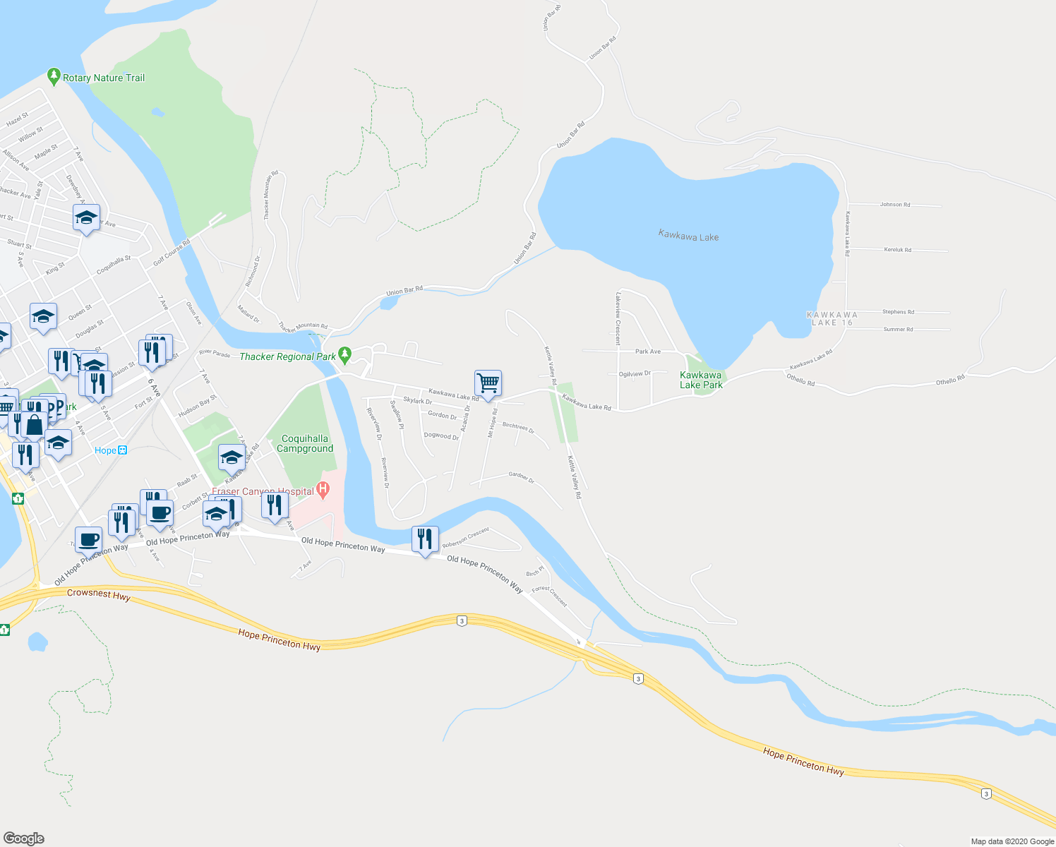 map of restaurants, bars, coffee shops, grocery stores, and more near 65721 Birchtrees Drive in Hope