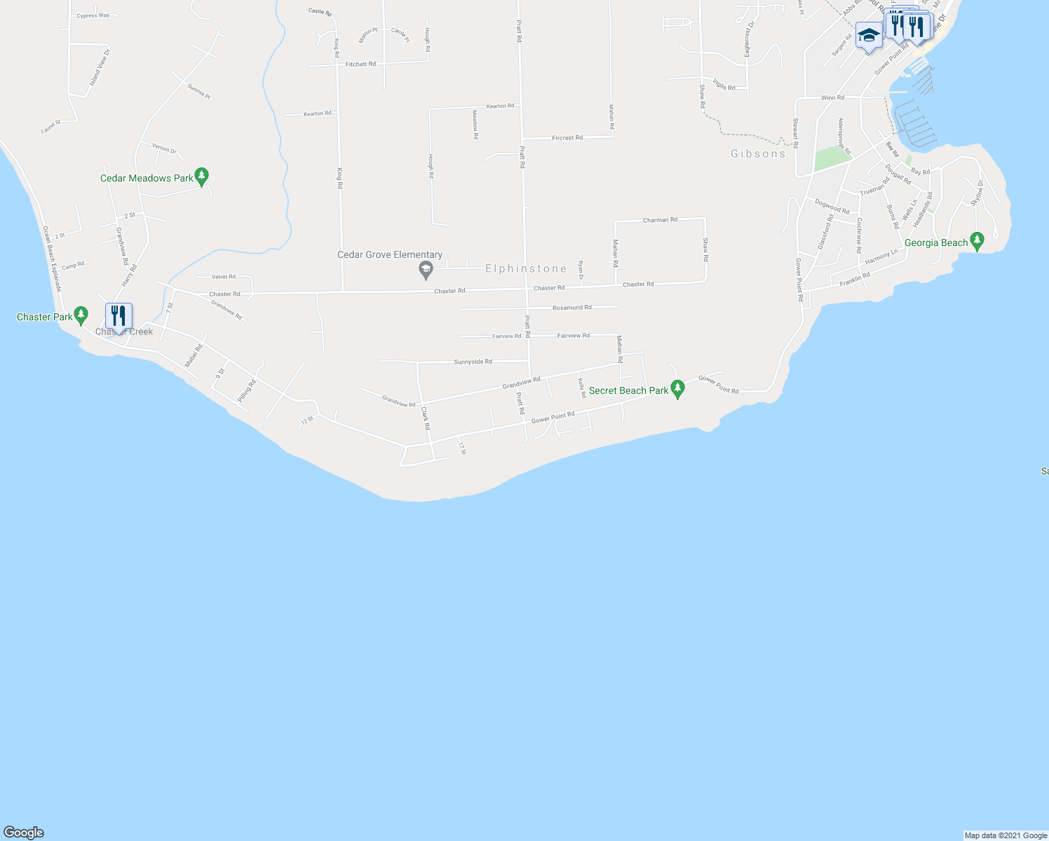 map of restaurants, bars, coffee shops, grocery stores, and more near 124 Pratt Road in Gibsons