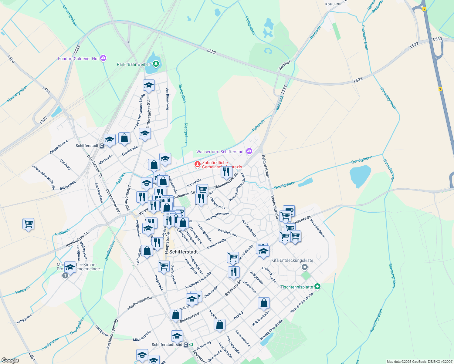 map of restaurants, bars, coffee shops, grocery stores, and more near 64 Mannheimer Straße in Schifferstadt