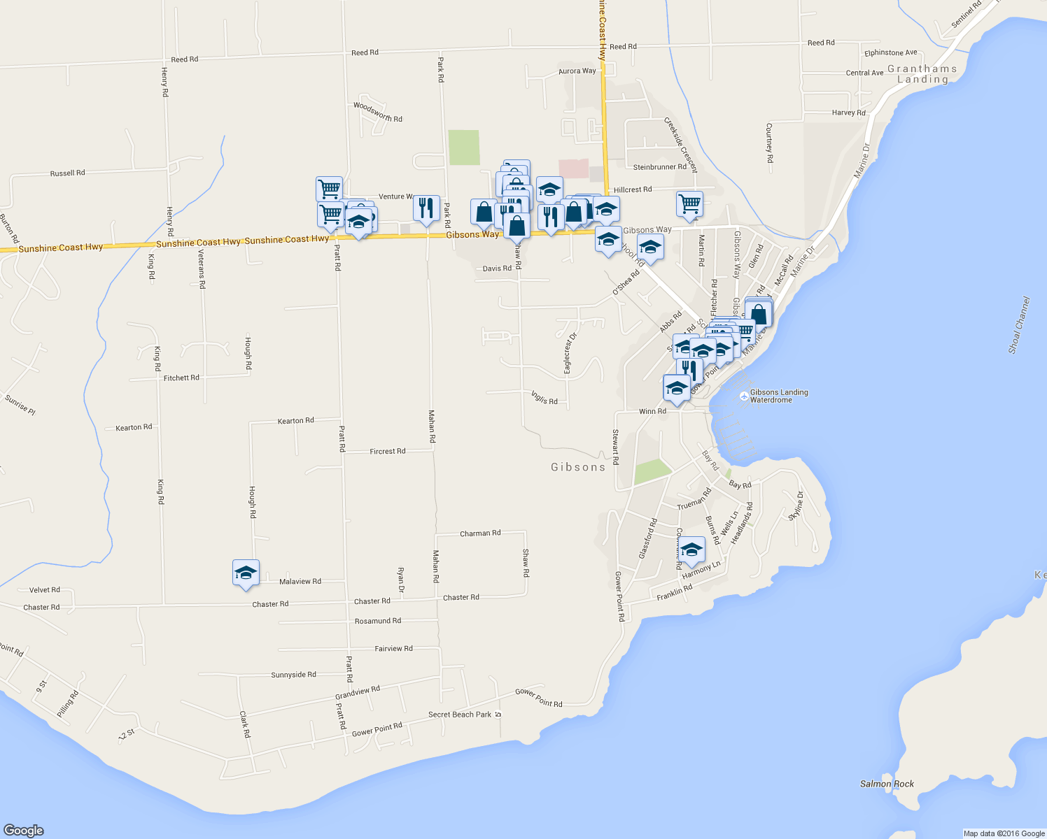 map of restaurants, bars, coffee shops, grocery stores, and more near Shaw Road in Gibsons