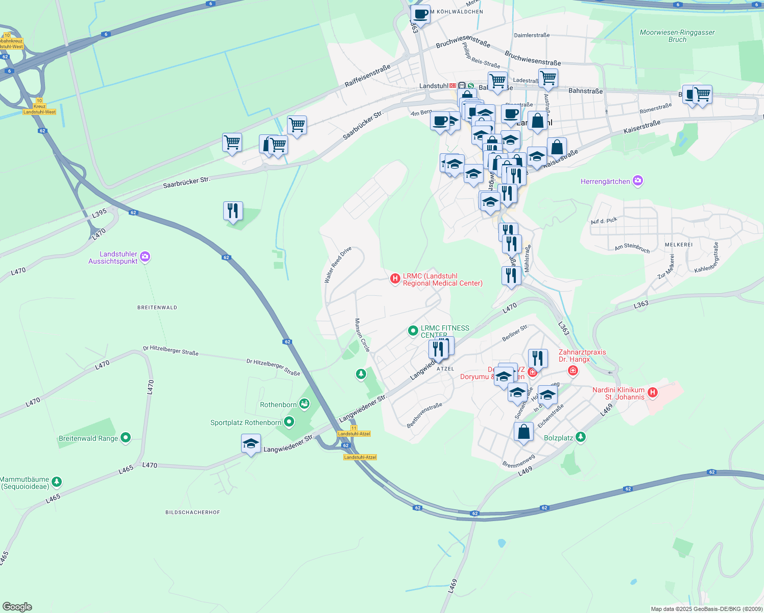 map of restaurants, bars, coffee shops, grocery stores, and more near 3377 Geb in Landstuhl