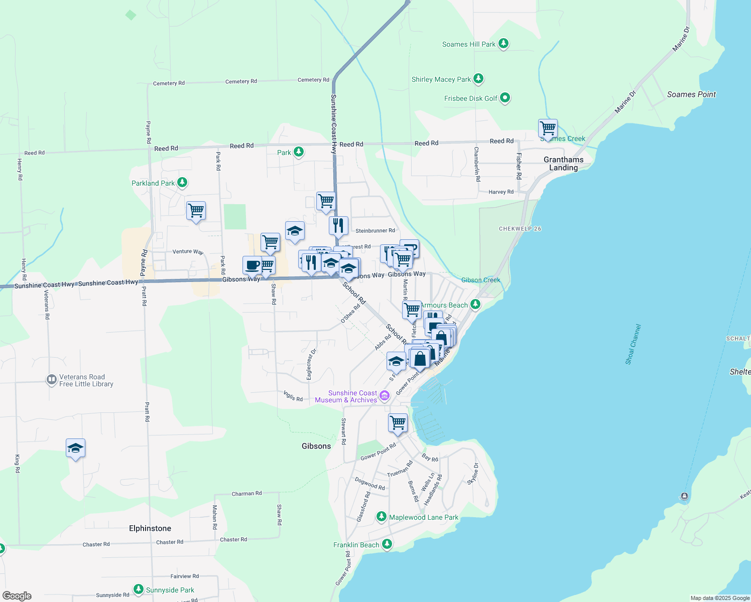 map of restaurants, bars, coffee shops, grocery stores, and more near 730 School Road in Gibsons