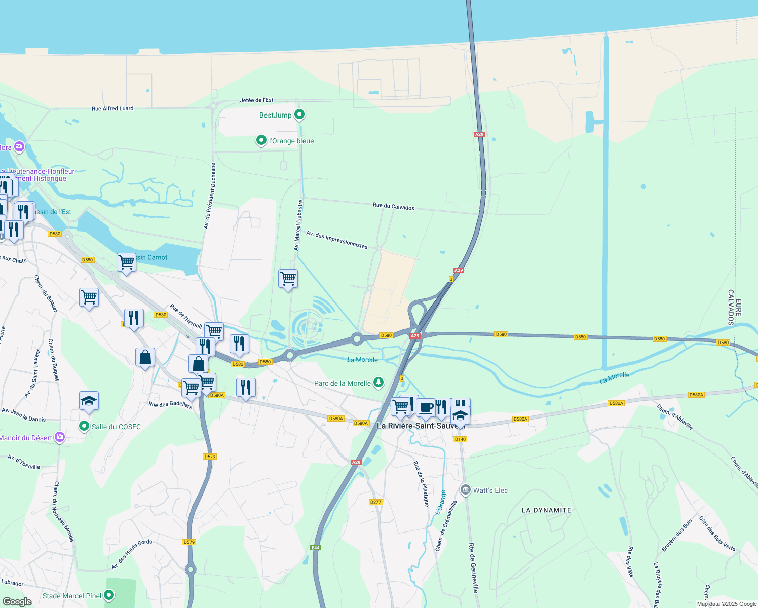 map of restaurants, bars, coffee shops, grocery stores, and more near Avenue de Normandie in Honfleur