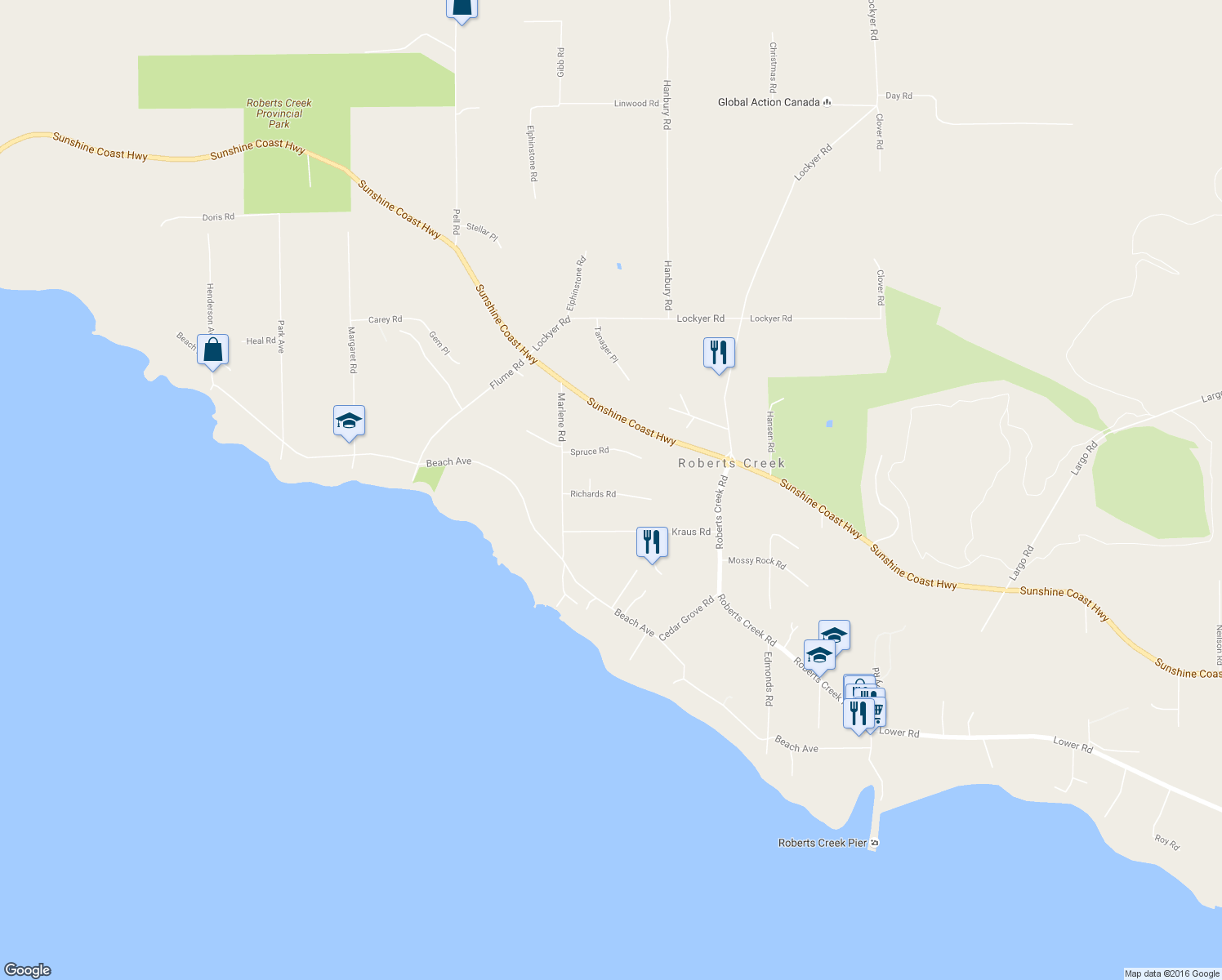 map of restaurants, bars, coffee shops, grocery stores, and more near 3366 Richards Road in Roberts Creek