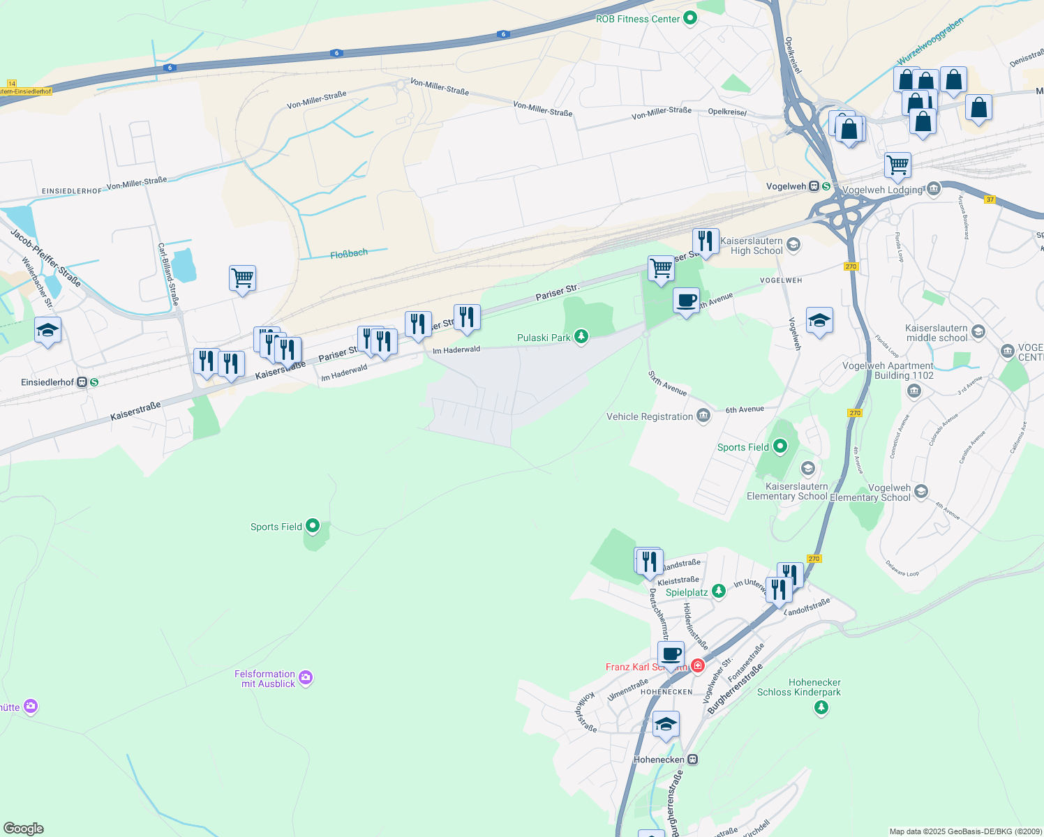 map of restaurants, bars, coffee shops, grocery stores, and more near 2918 Pulaski Barracks in Kaiserslautern