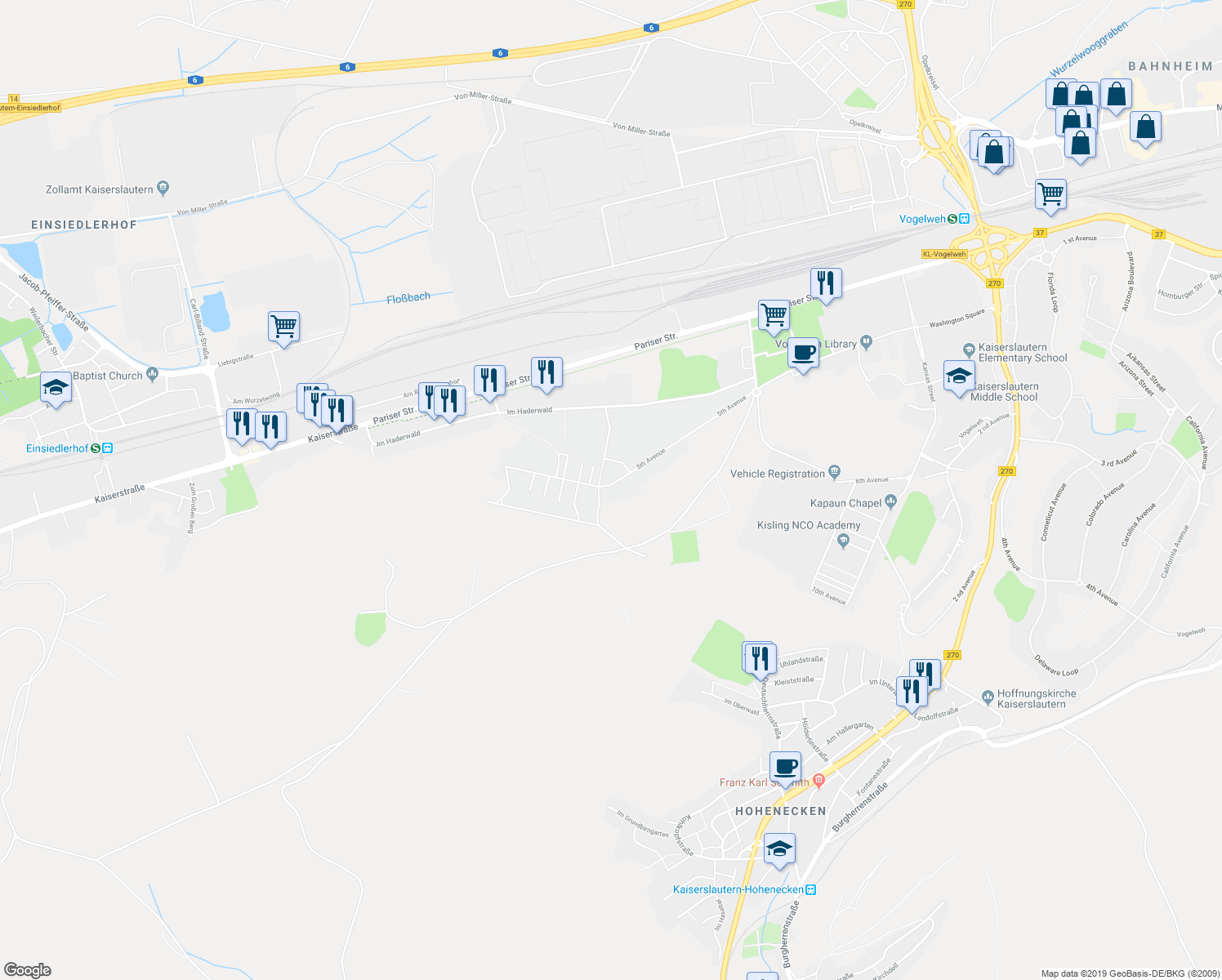 map of restaurants, bars, coffee shops, grocery stores, and more near 2918 Pulaski Barracks in Kaiserslautern