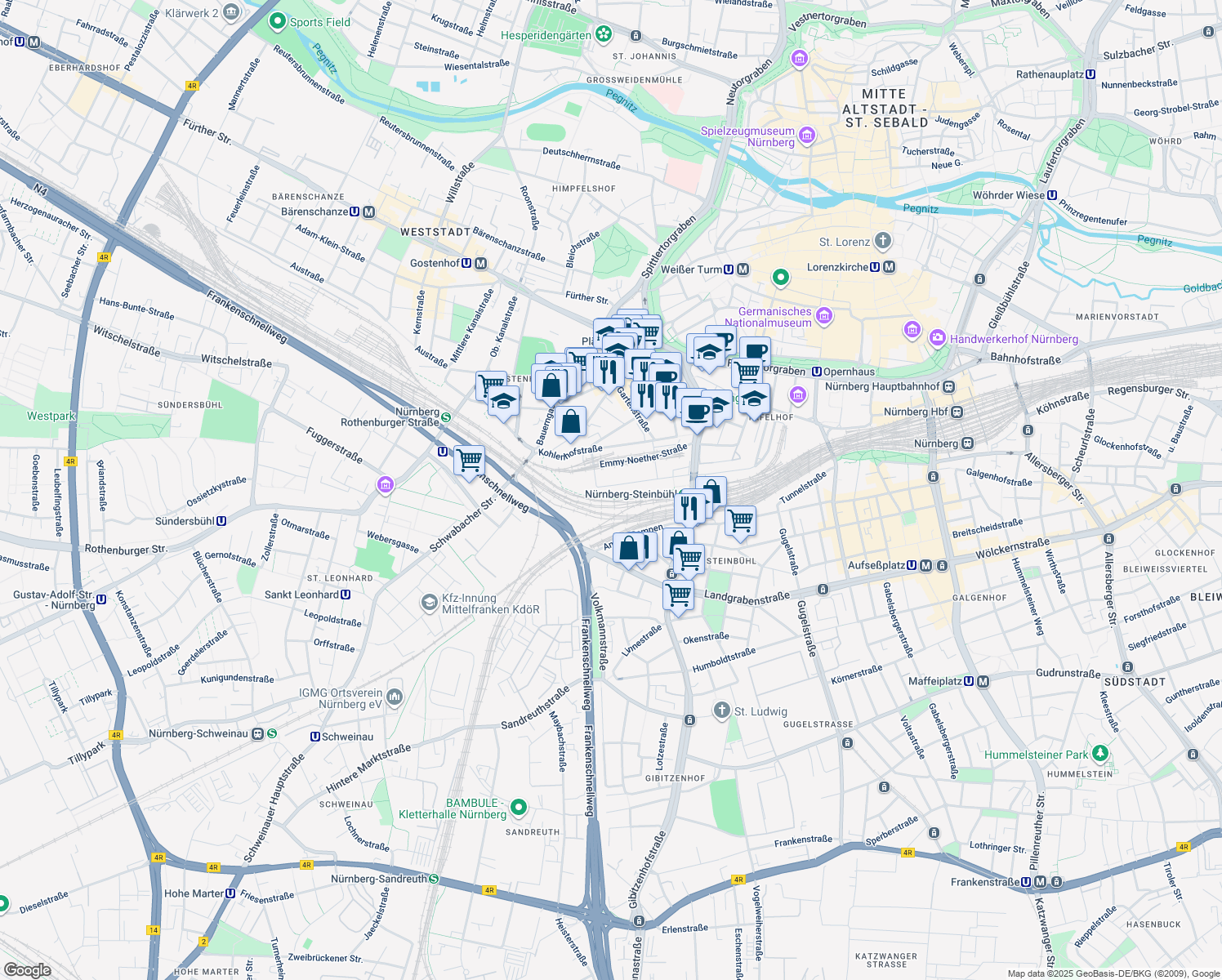 map of restaurants, bars, coffee shops, grocery stores, and more near 1 Sophie-Germain-Straße in Nürnberg