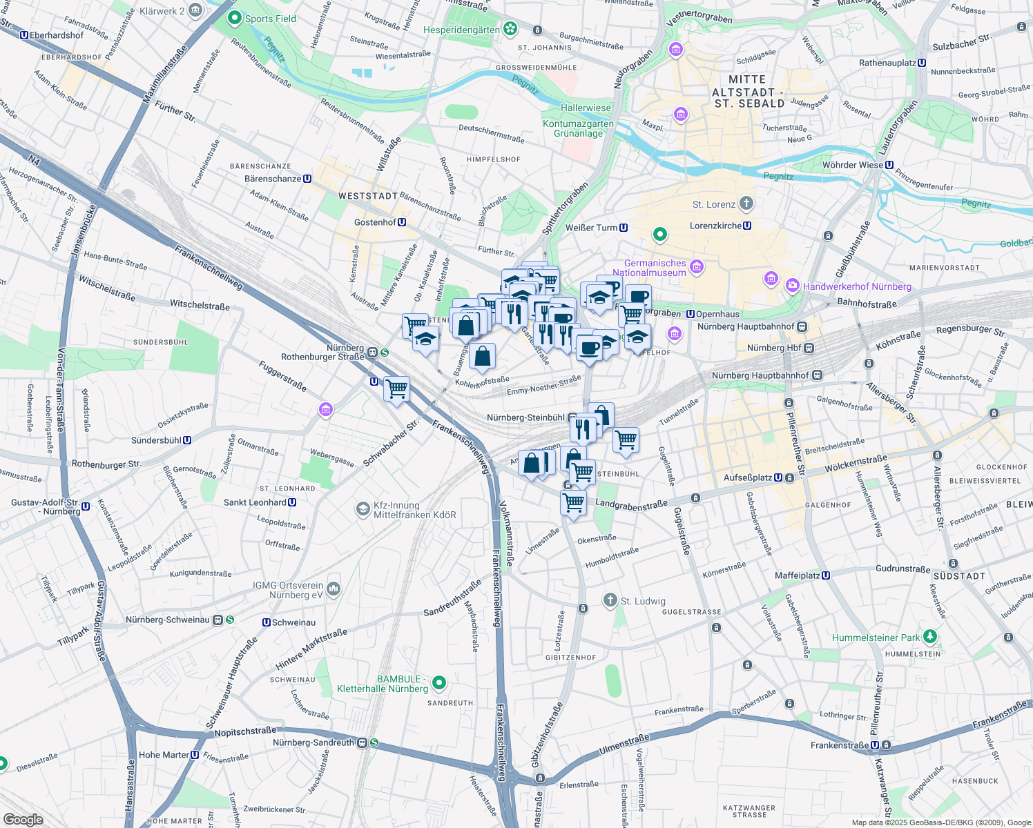 map of restaurants, bars, coffee shops, grocery stores, and more near 1 Sophie-Germain-Straße in Nürnberg