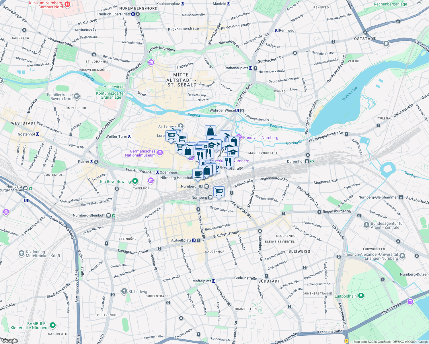 map of restaurants, bars, coffee shops, grocery stores, and more near 1 Bahnhofsplatz in Nürnberg