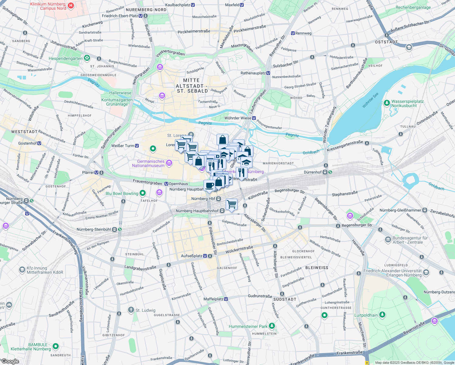 map of restaurants, bars, coffee shops, grocery stores, and more near 1 Bahnhofsplatz in Nürnberg