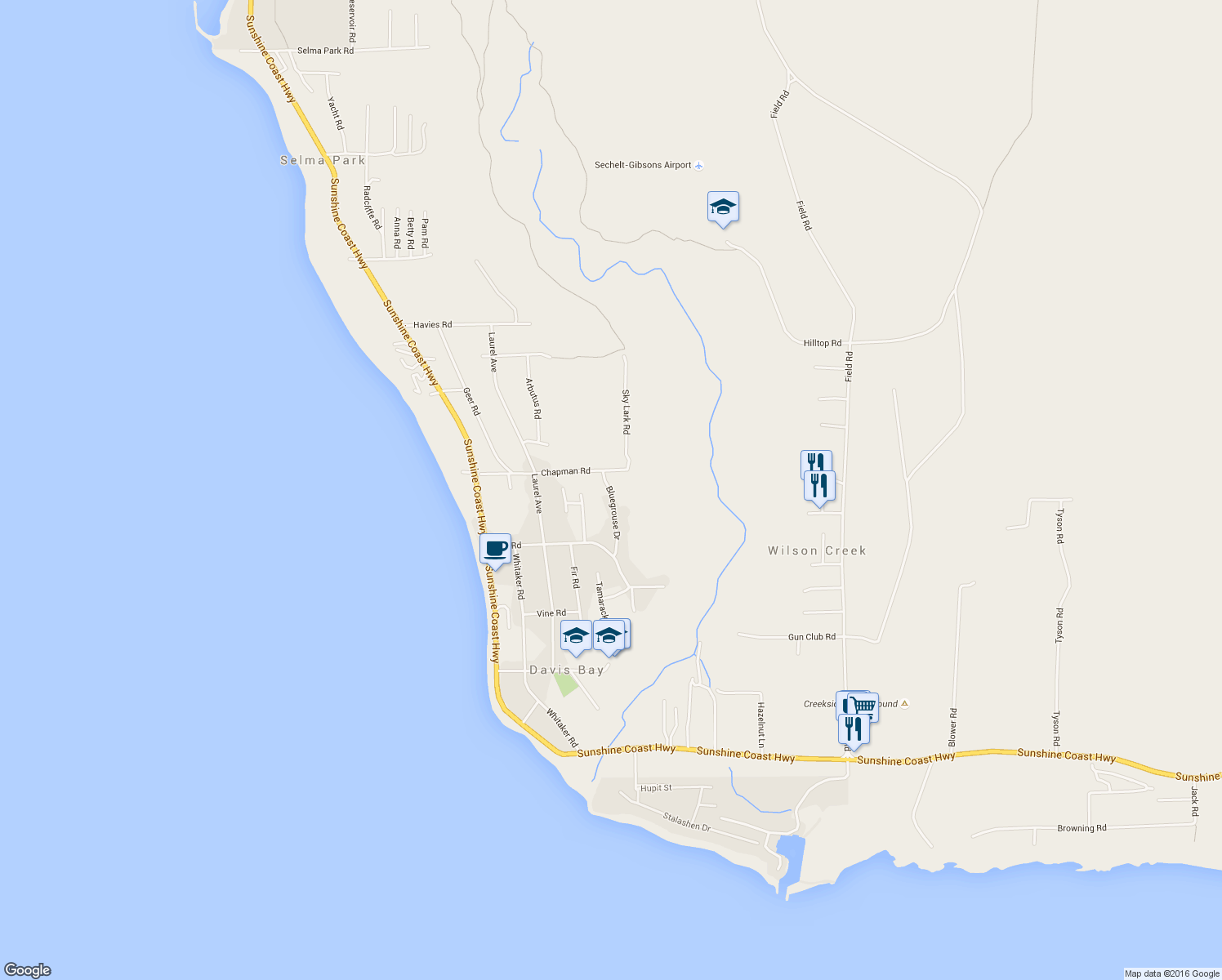 map of restaurants, bars, coffee shops, grocery stores, and more near 4868 Bluegrouse Drive in Sechelt