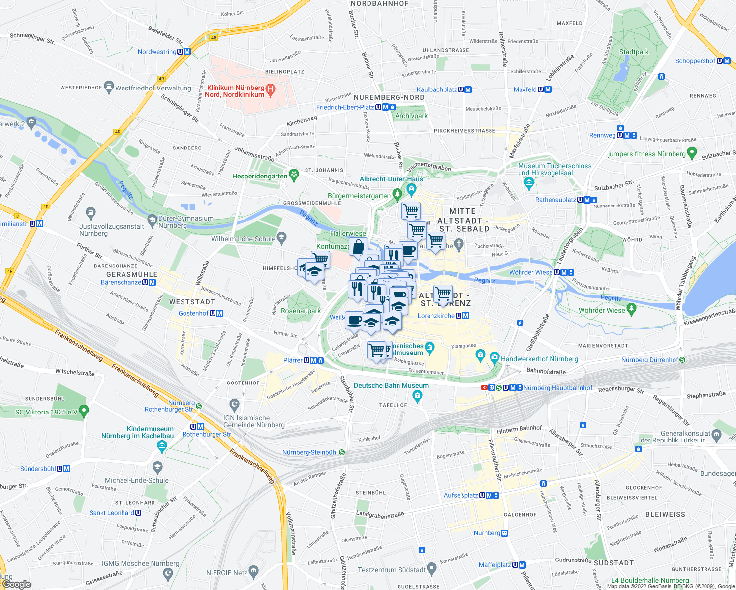 map of restaurants, bars, coffee shops, grocery stores, and more near 3a Karl-Grillenberger-Straße in Nuremberg
