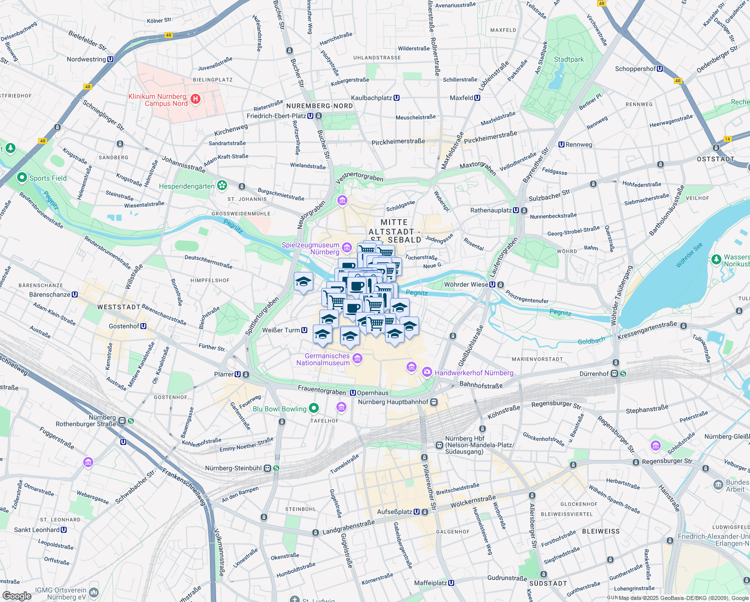 map of restaurants, bars, coffee shops, grocery stores, and more near in Nuremberg