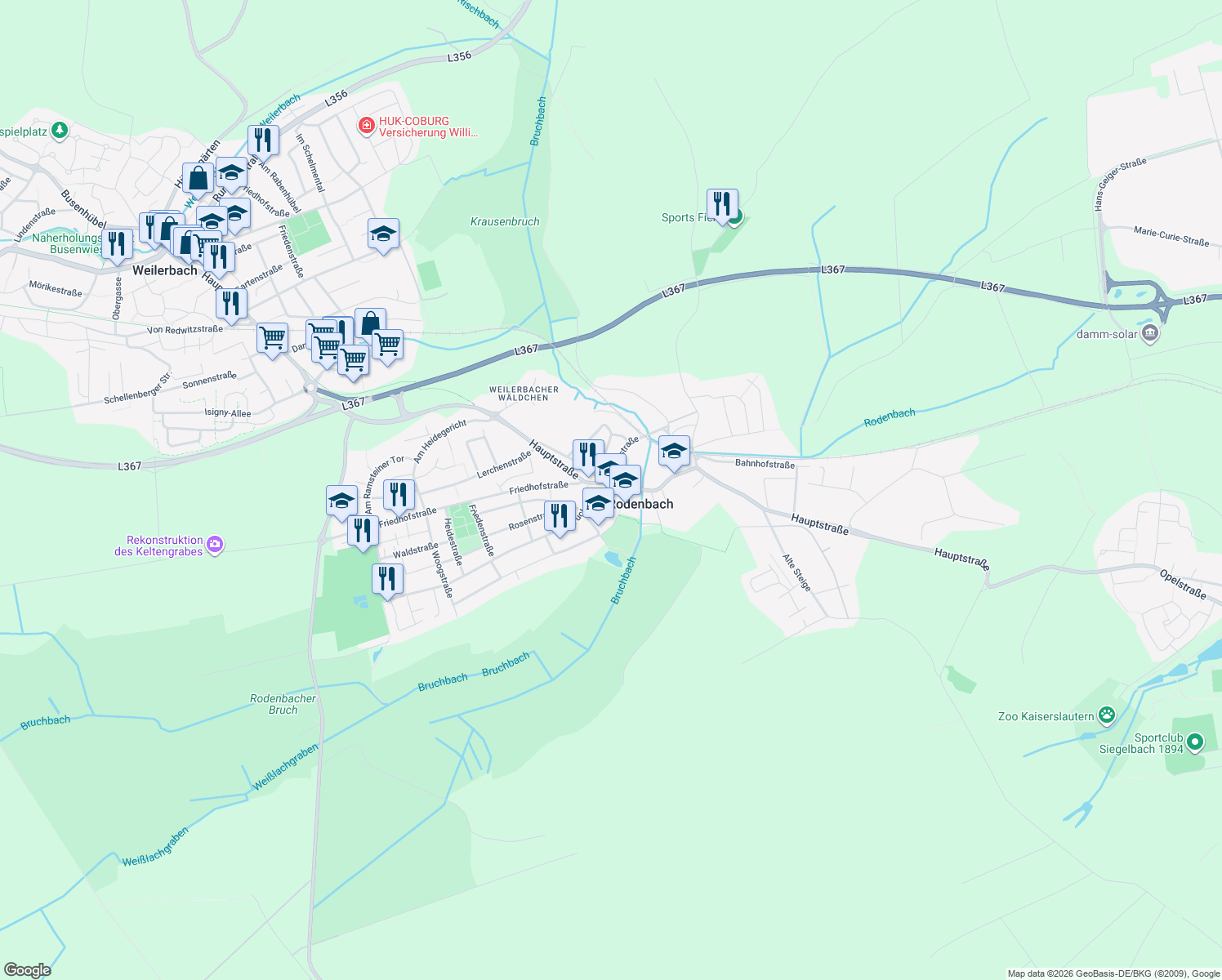 map of restaurants, bars, coffee shops, grocery stores, and more near 1 Fuchsstraße in Rodenbach