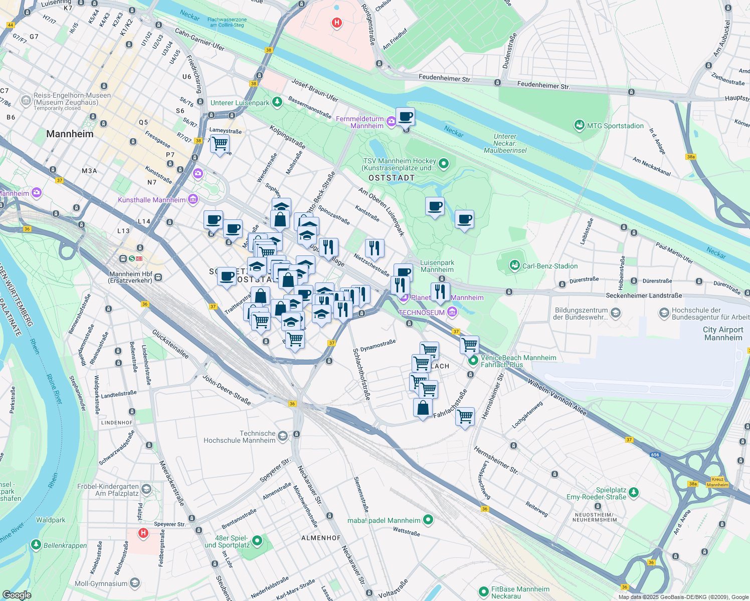 map of restaurants, bars, coffee shops, grocery stores, and more near 66 Augustaanlage in Mannheim