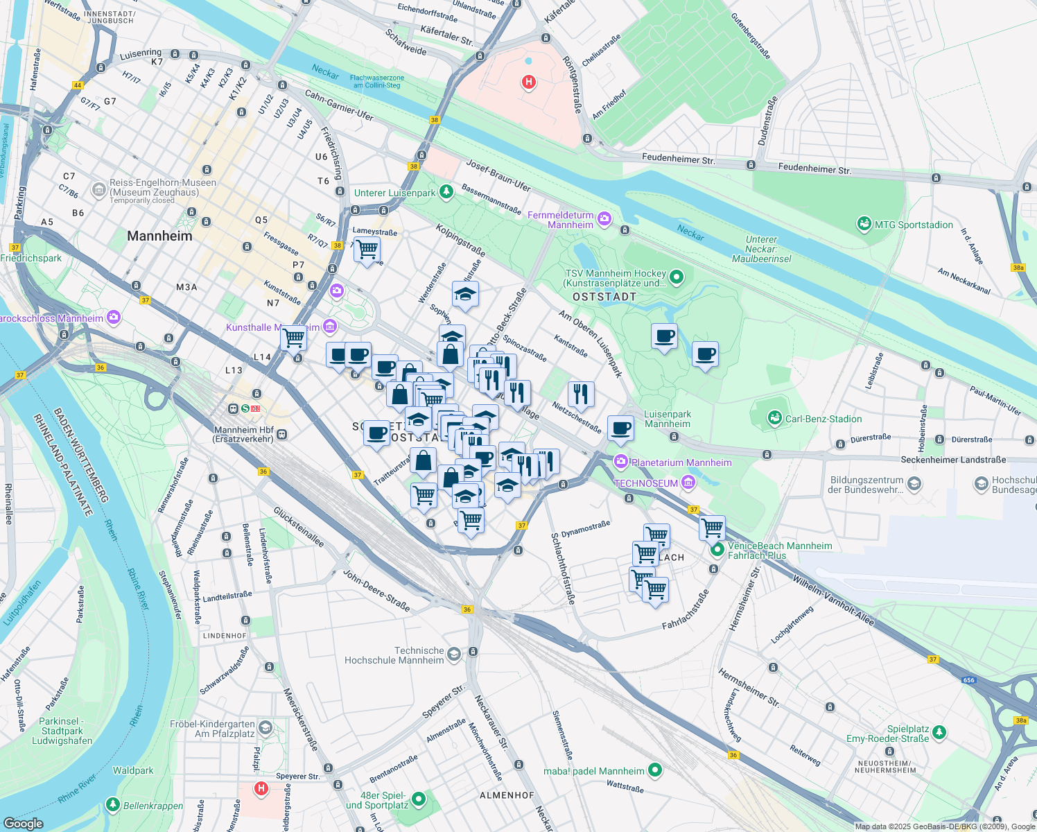map of restaurants, bars, coffee shops, grocery stores, and more near 54 Augustaanlage in Mannheim