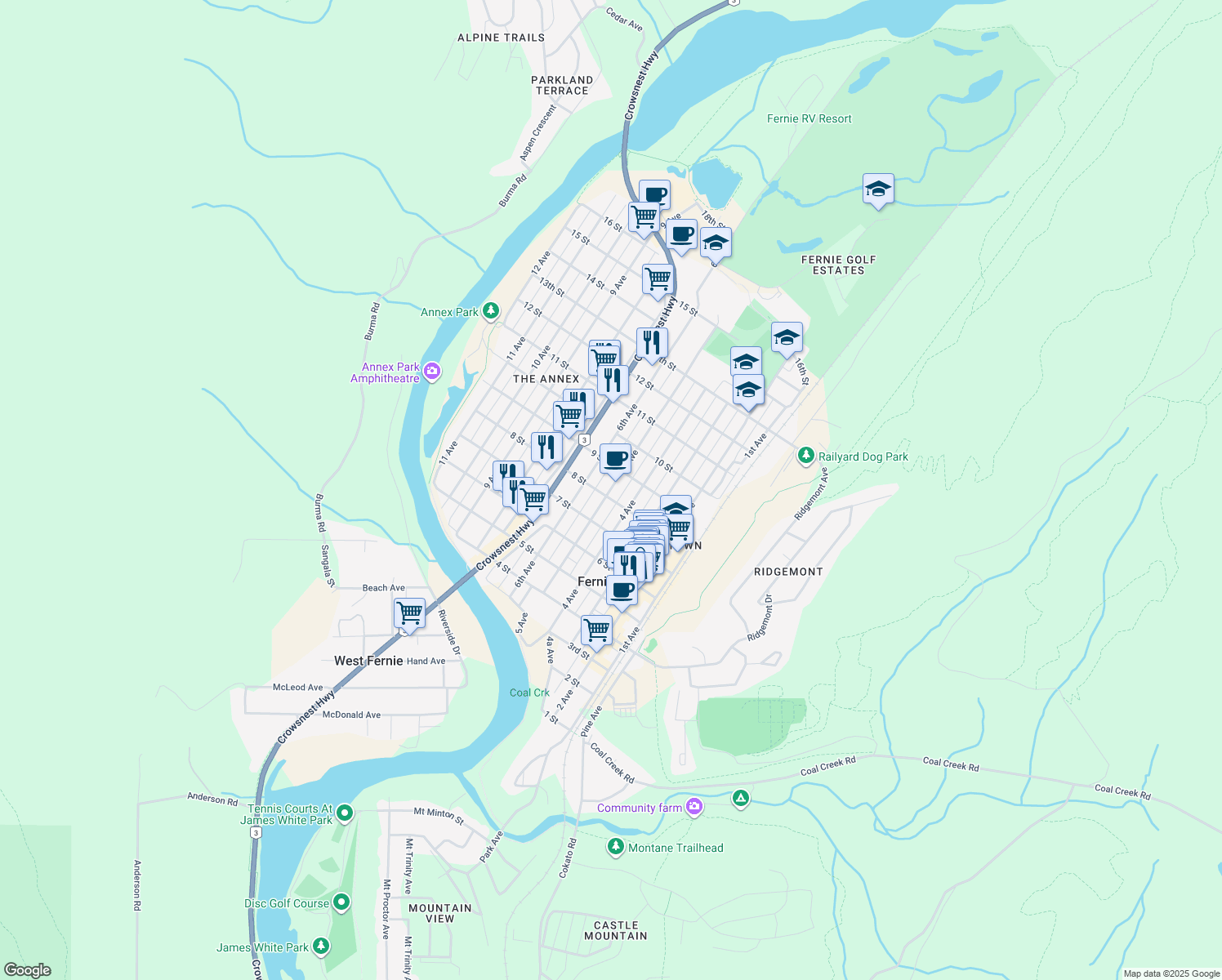 map of restaurants, bars, coffee shops, grocery stores, and more near 822 5 Avenue in Fernie