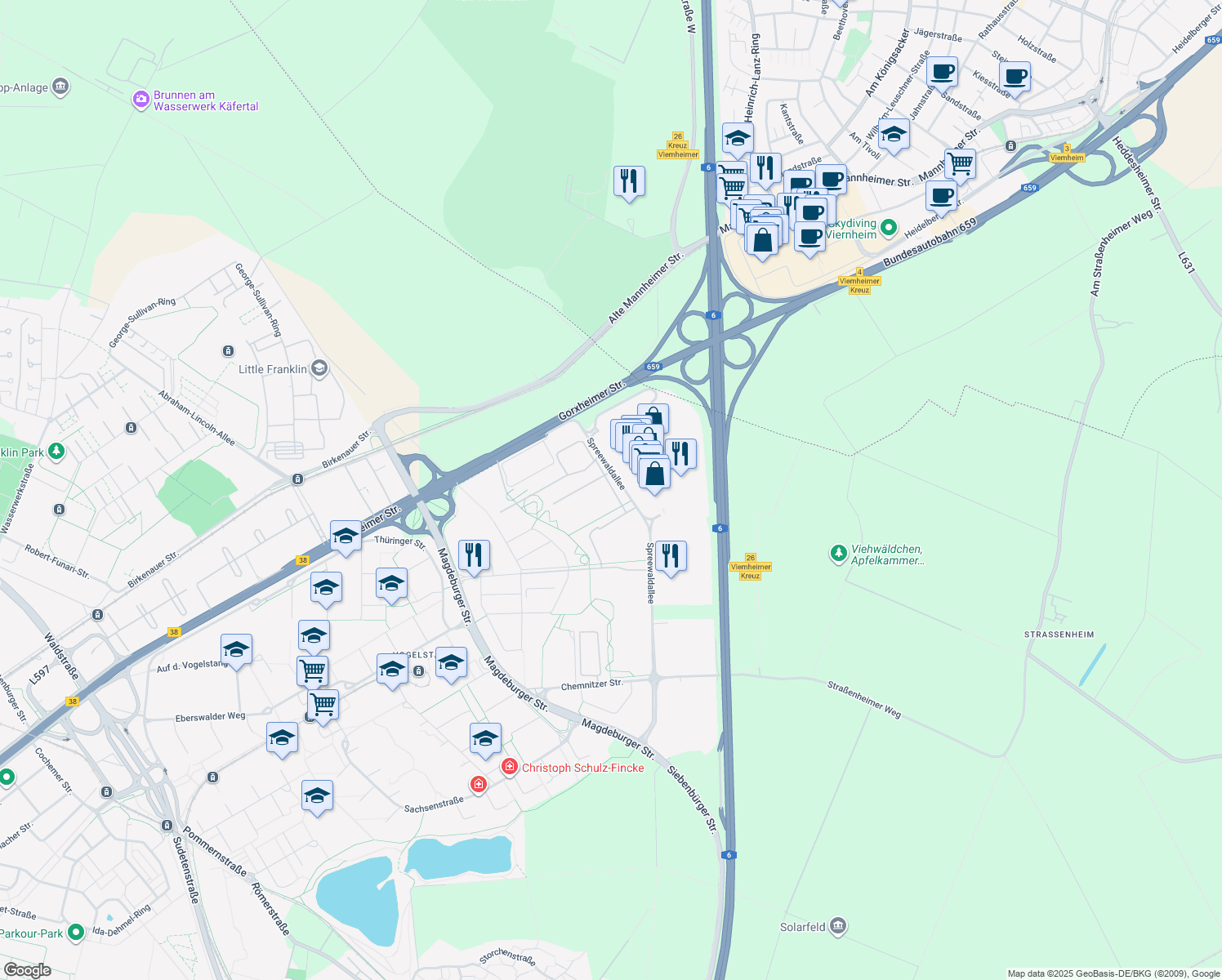 map of restaurants, bars, coffee shops, grocery stores, and more near 333 Taylor Barracks in Mannheim