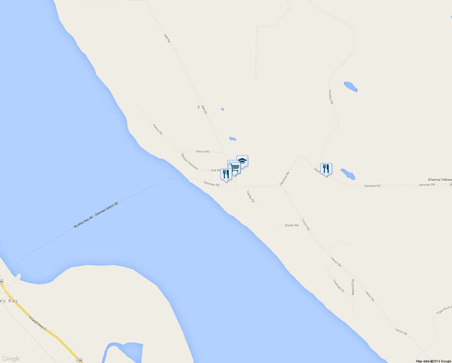 map of restaurants, bars, coffee shops, grocery stores, and more near 3390 Denman Road in Denman Island