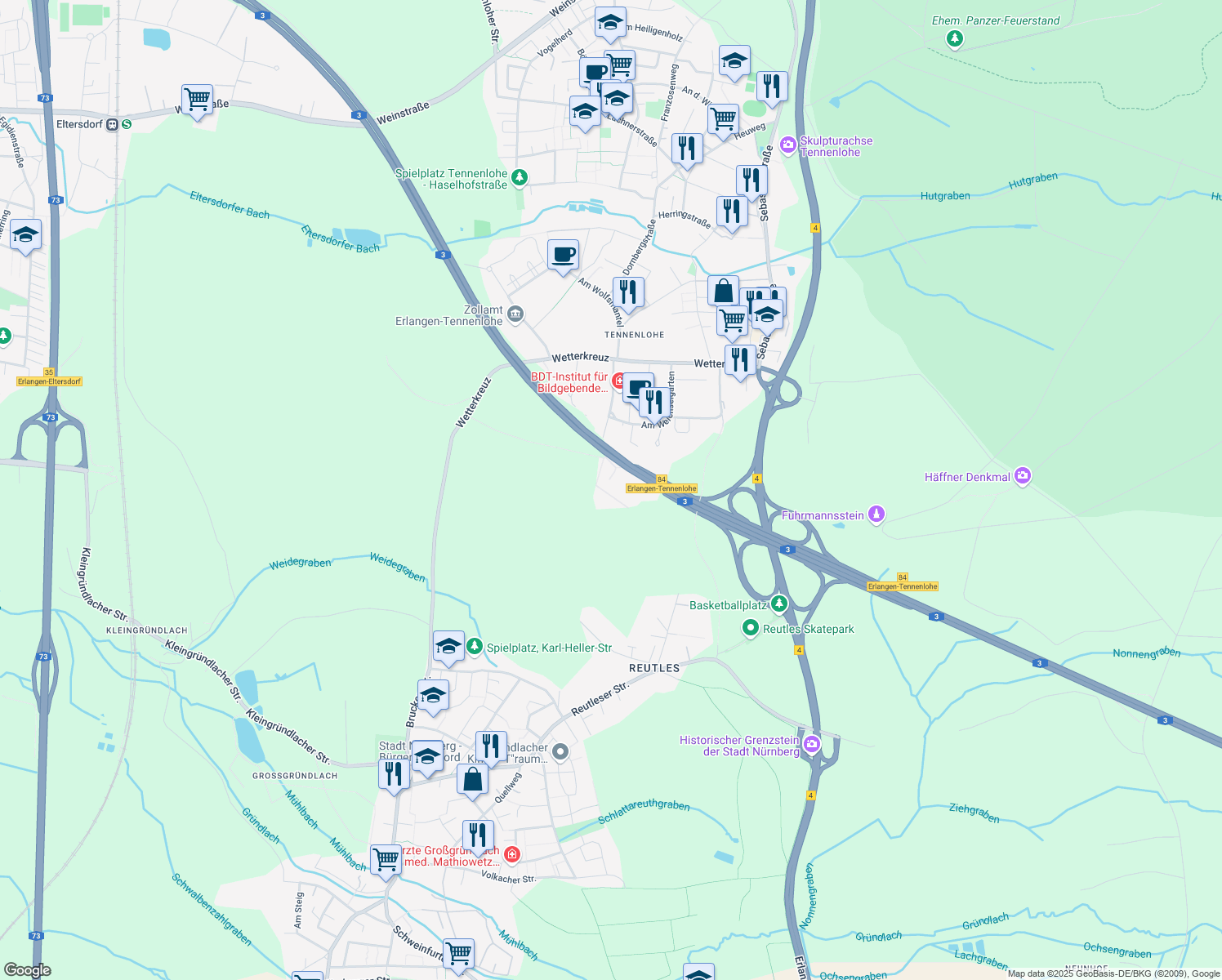 map of restaurants, bars, coffee shops, grocery stores, and more near 3 An der Autobahn in Erlangen