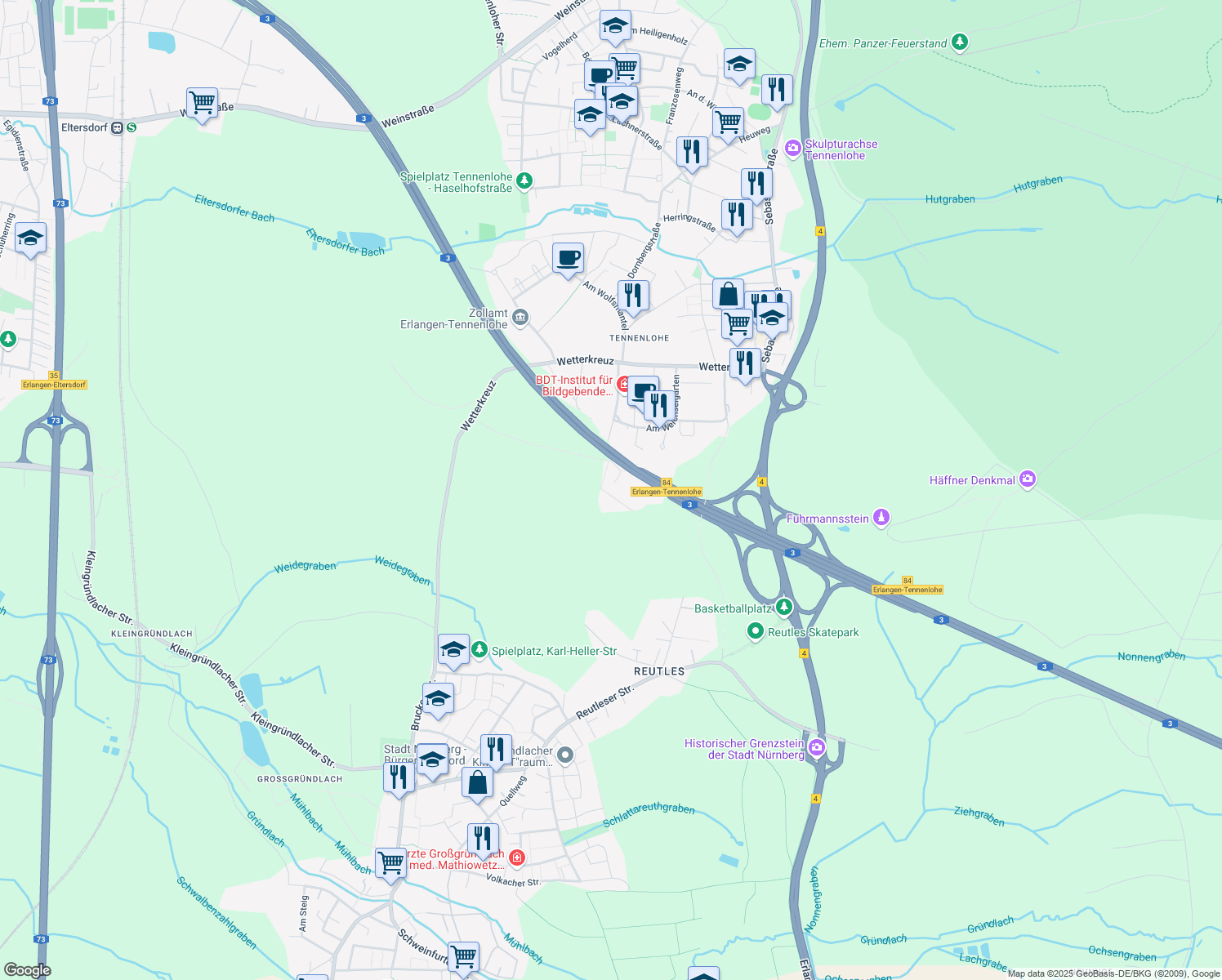 map of restaurants, bars, coffee shops, grocery stores, and more near 3 An der Autobahn in Erlangen
