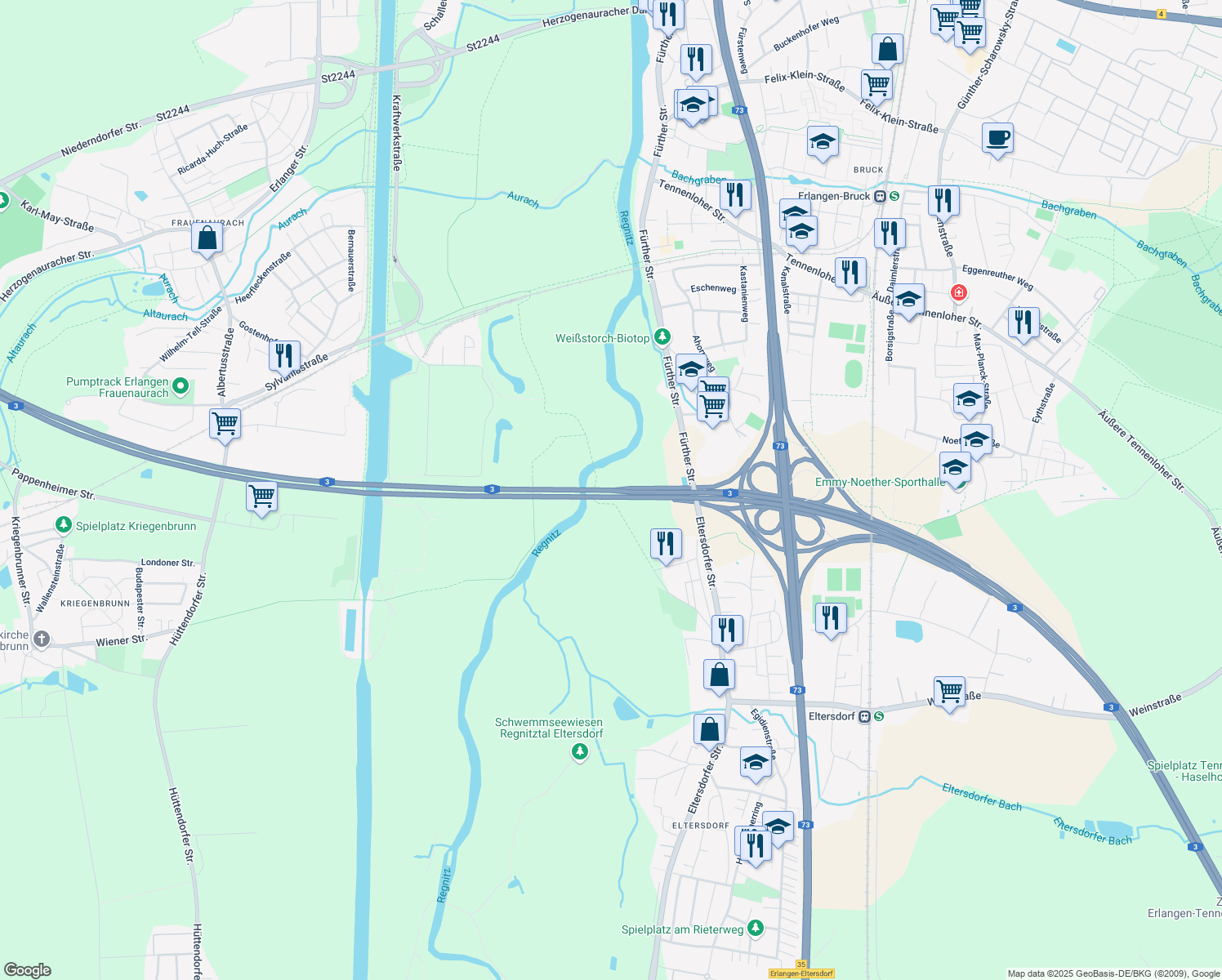 map of restaurants, bars, coffee shops, grocery stores, and more near A3 in Erlangen