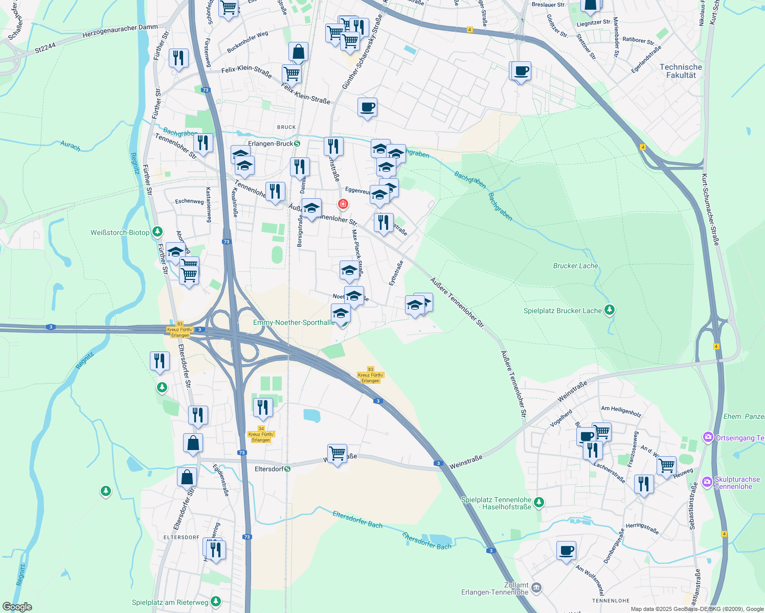 map of restaurants, bars, coffee shops, grocery stores, and more near in Erlangen
