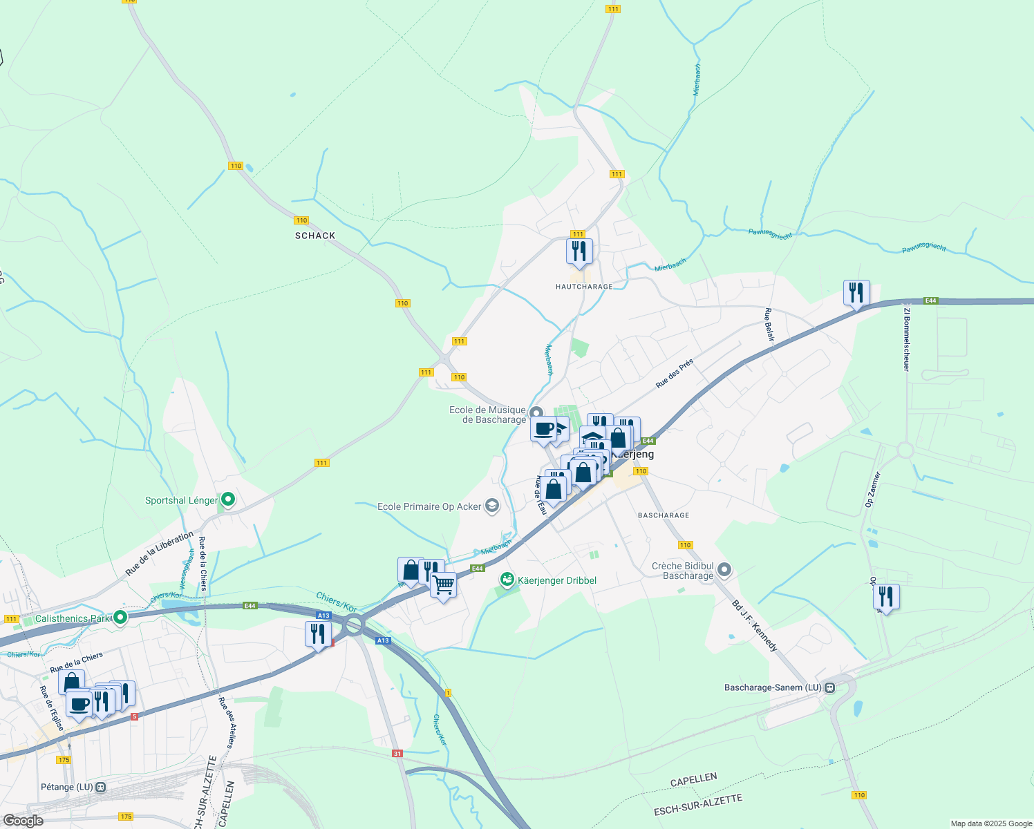 map of restaurants, bars, coffee shops, grocery stores, and more near in Käerjeng