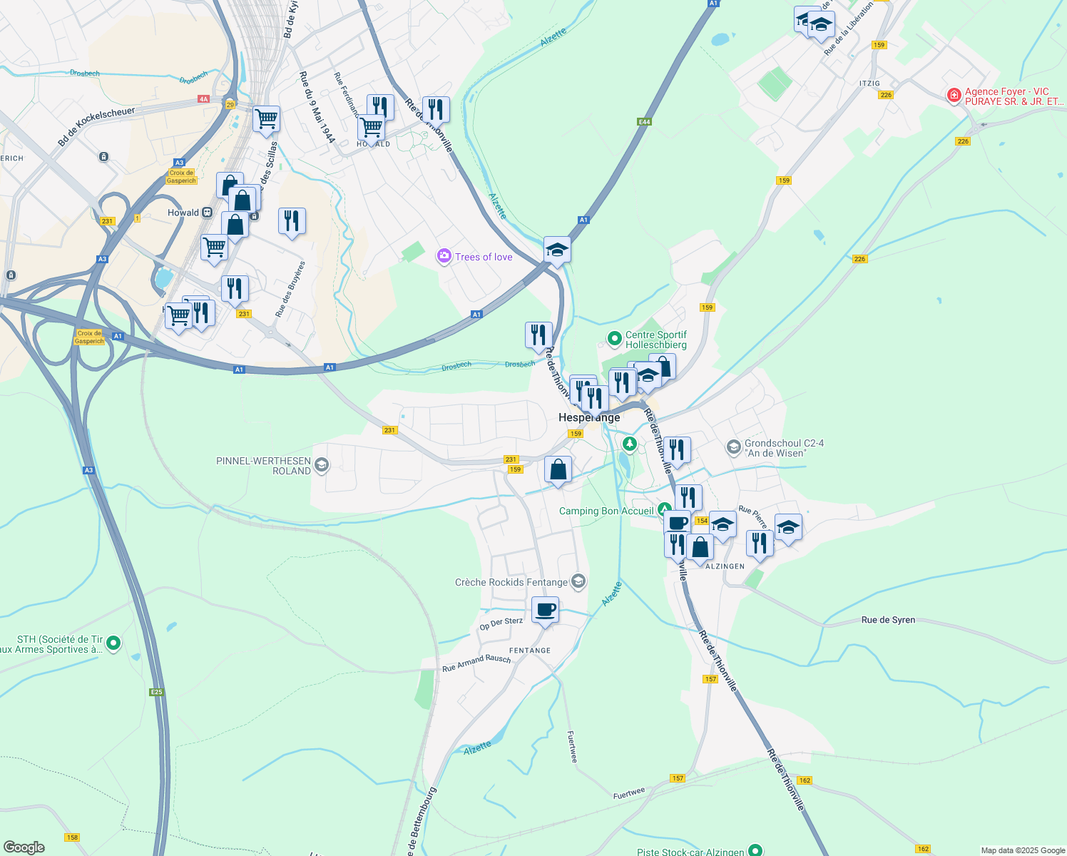 map of restaurants, bars, coffee shops, grocery stores, and more near in Hesperange